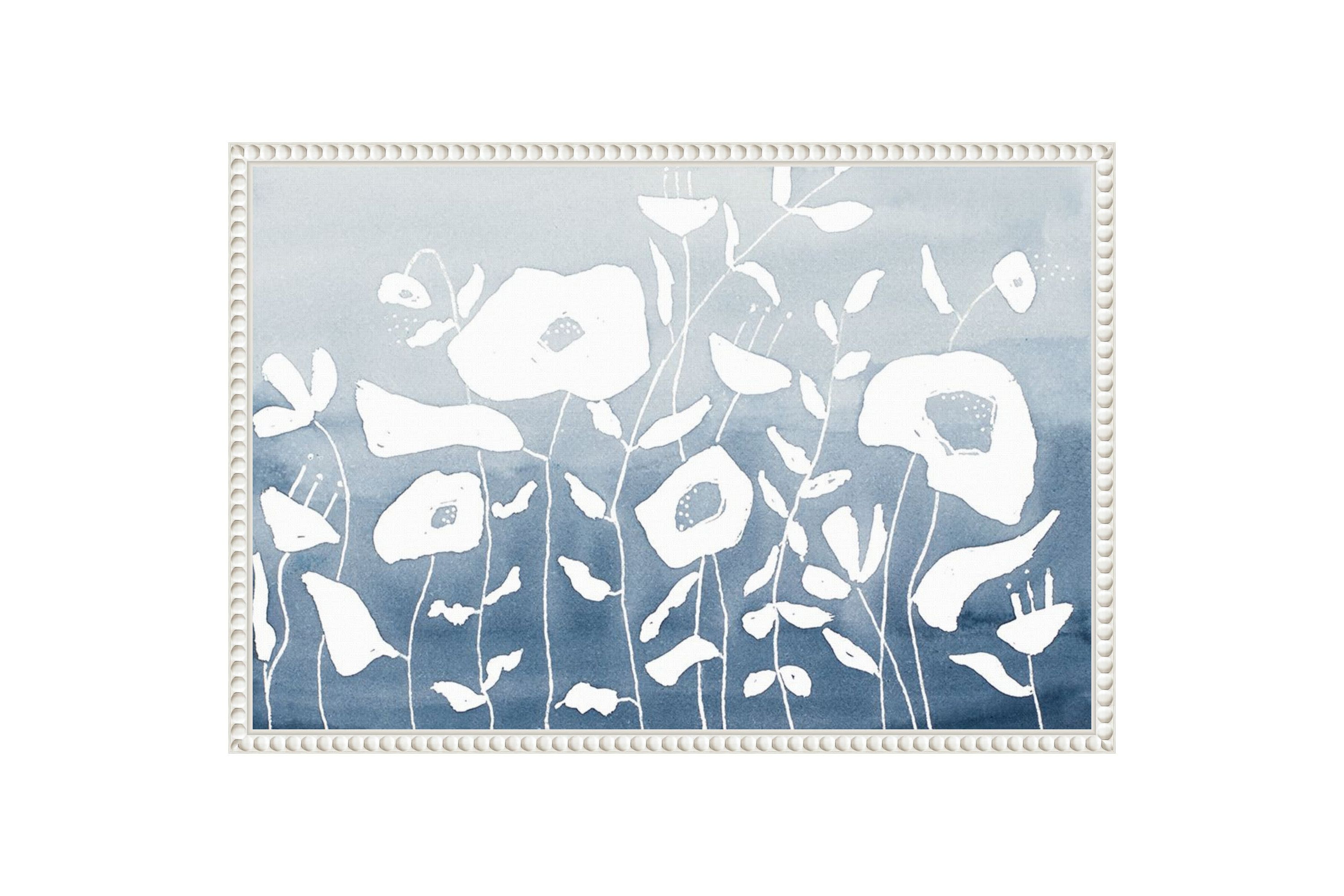 Blue And White Floral Garden Framed Canvas Wall Art Print
