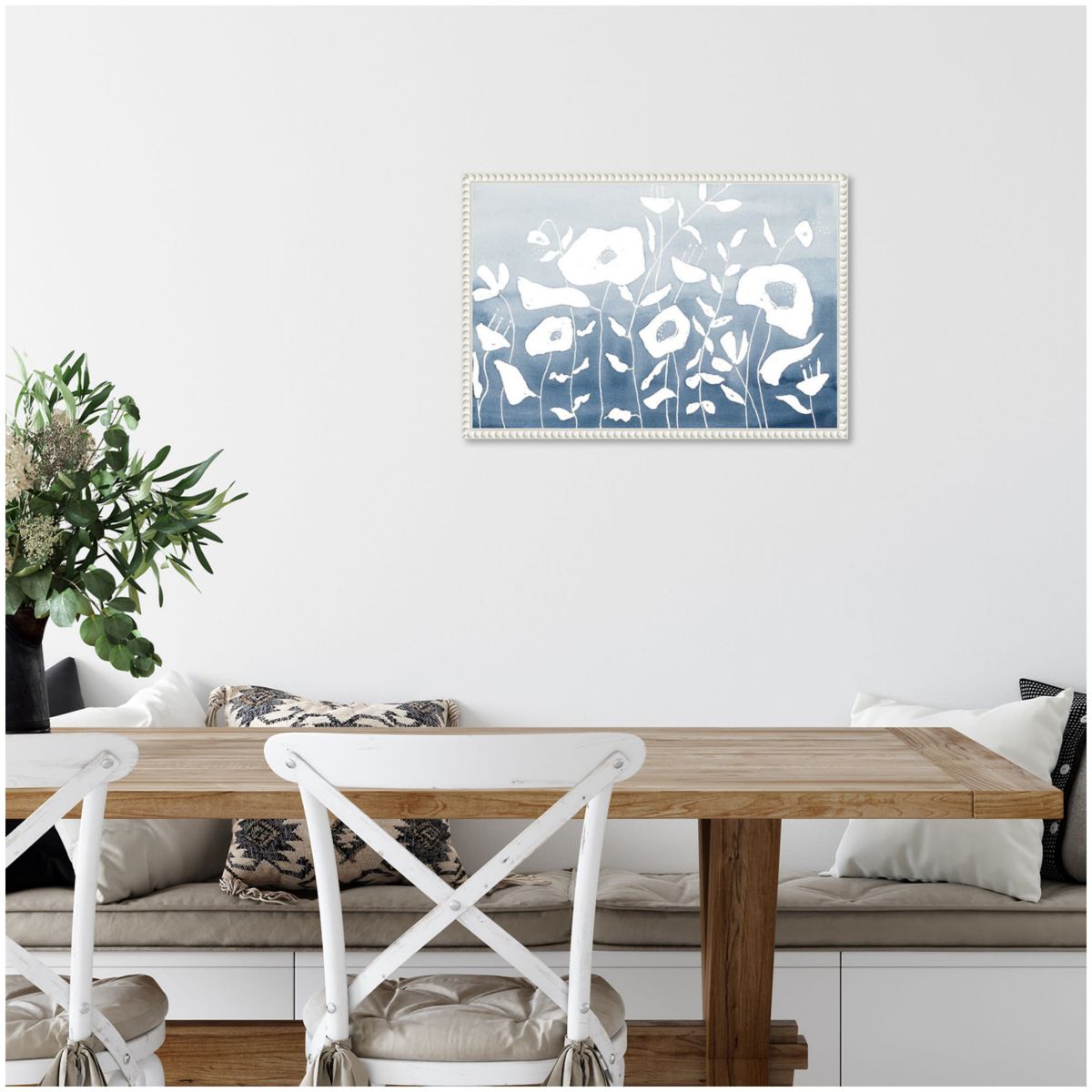 Blue And White Floral Garden Framed Canvas Wall Art Print