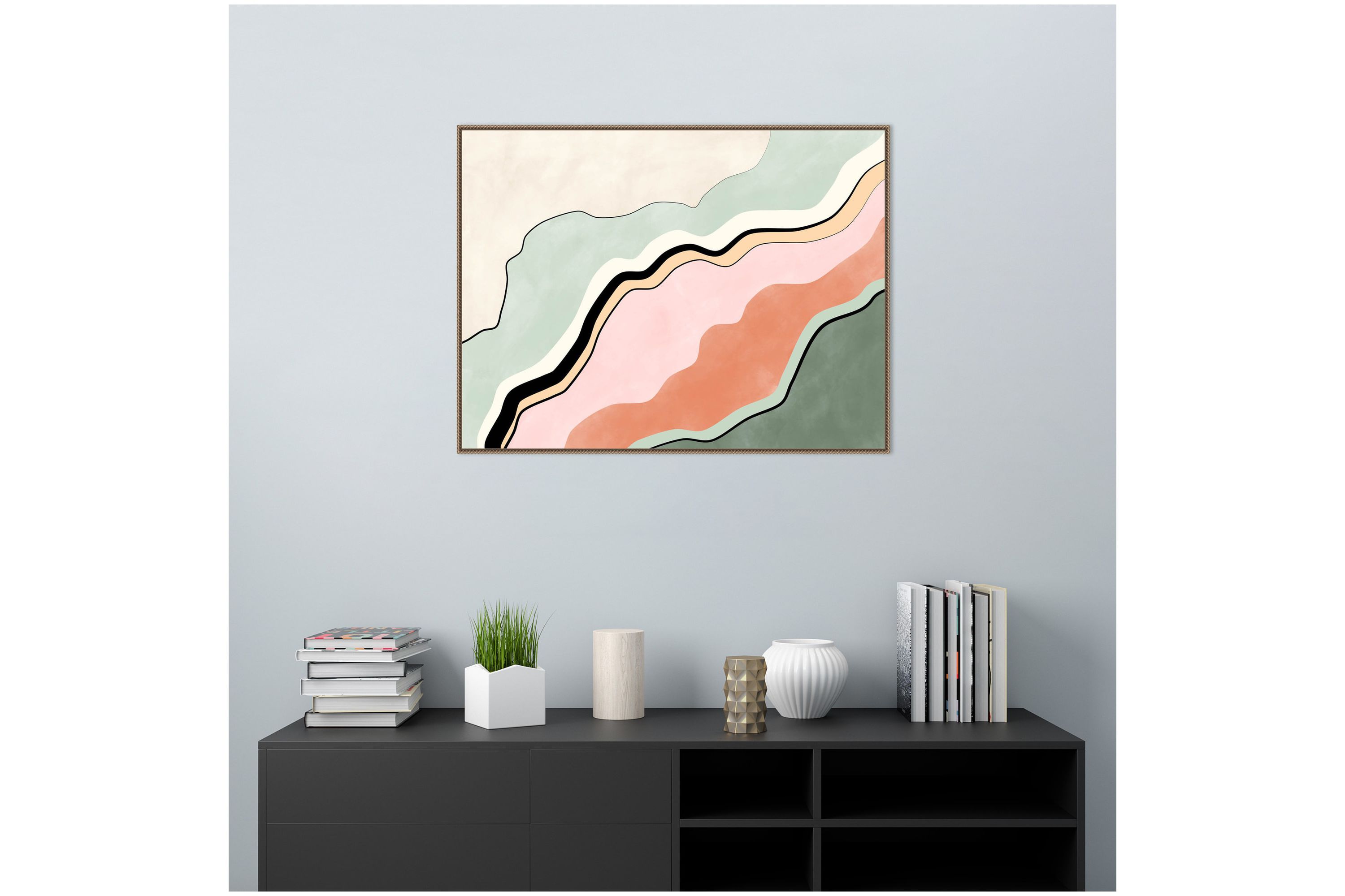 Pink and Green Abstract Framed Canvas Wall Art Print