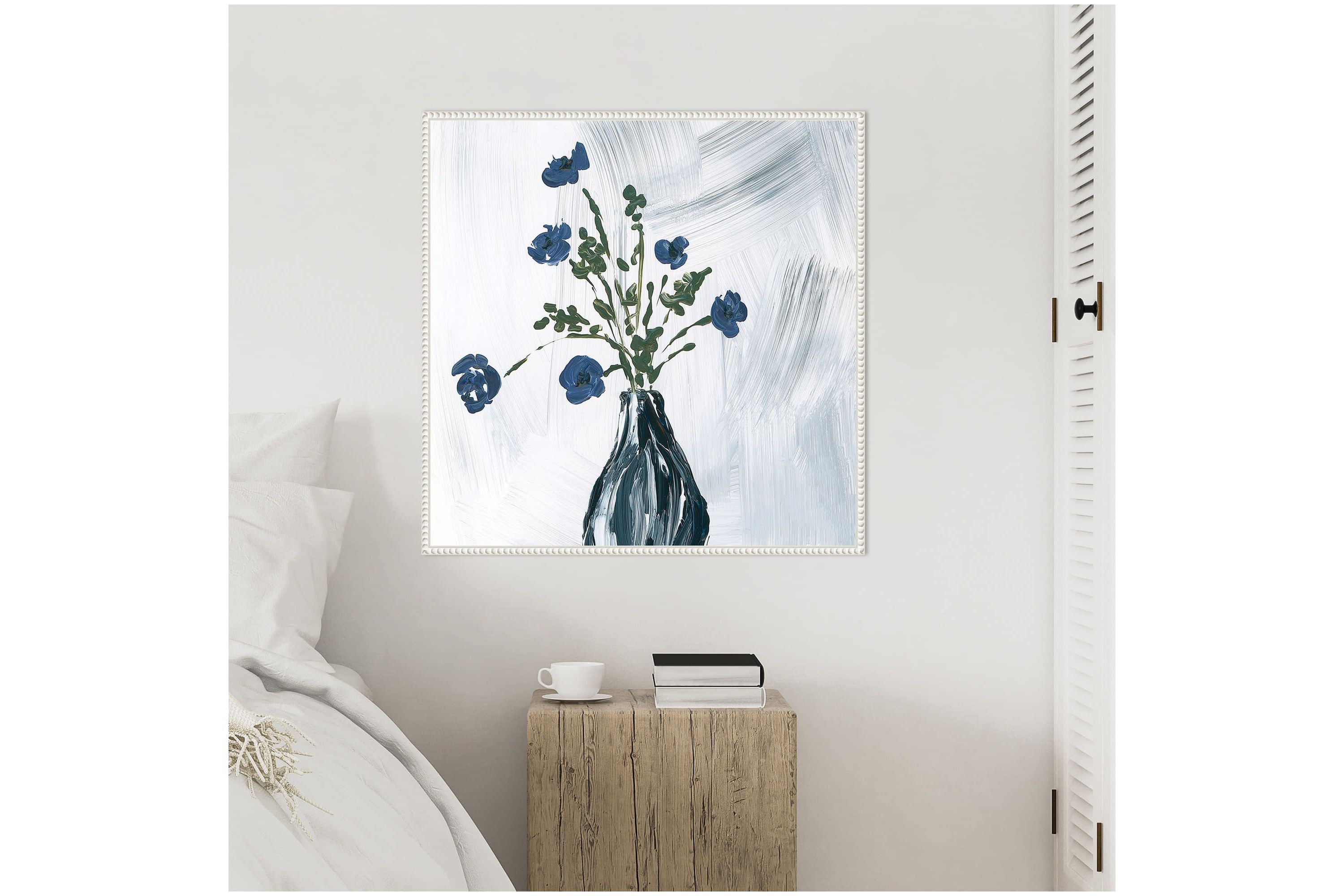 Dusty Blue Floral Spray Framed Canvas Wall Art Print