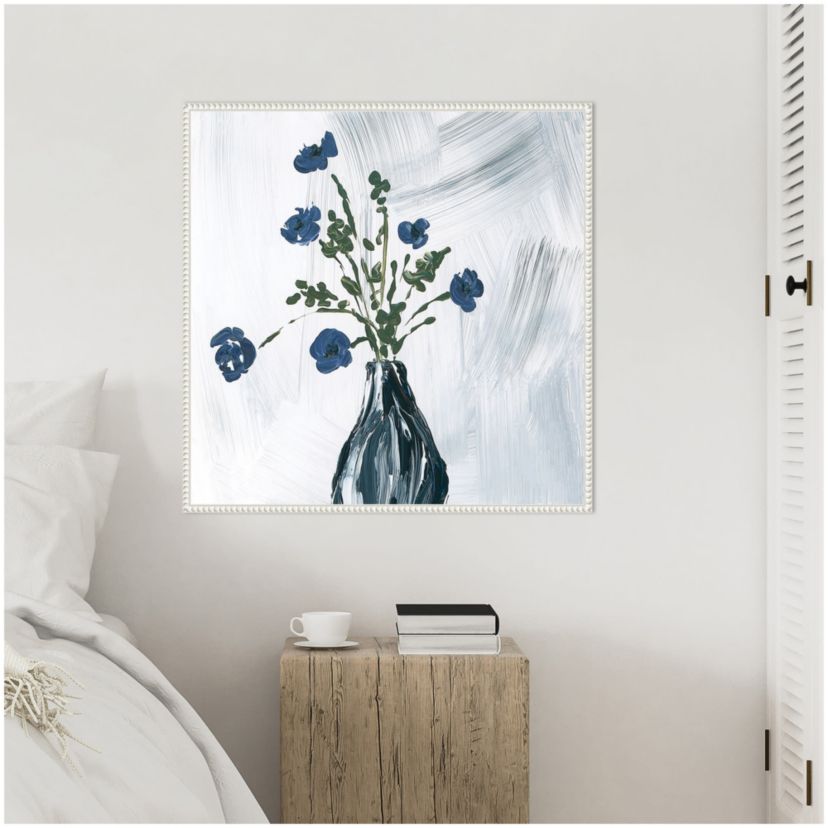 Dusty Blue Floral Spray Framed Canvas Wall Art Print