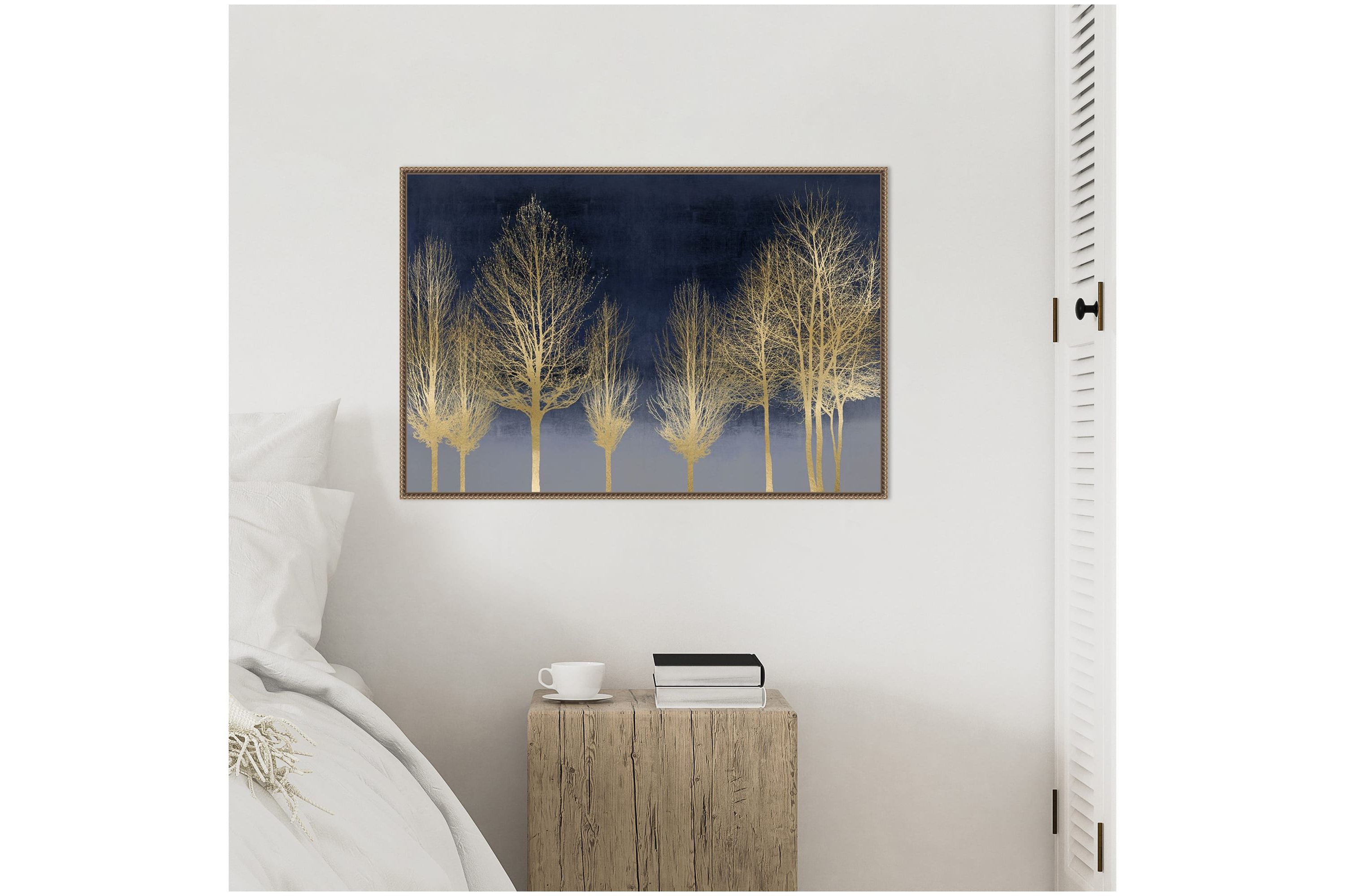 Gold Forest on Blue Framed Canvas Wall Art Print