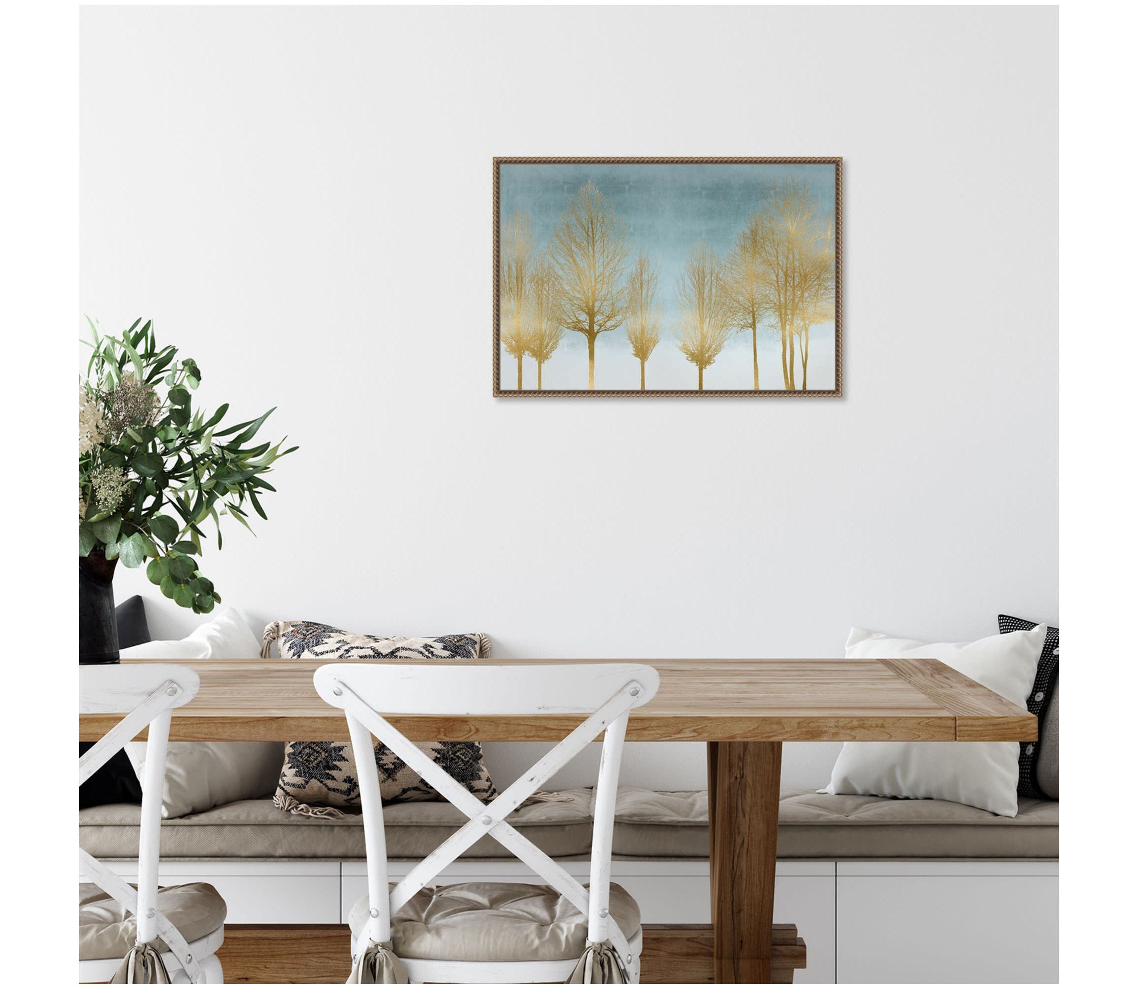 Gold Forest on Aqua Framed Canvas Wall Art Print