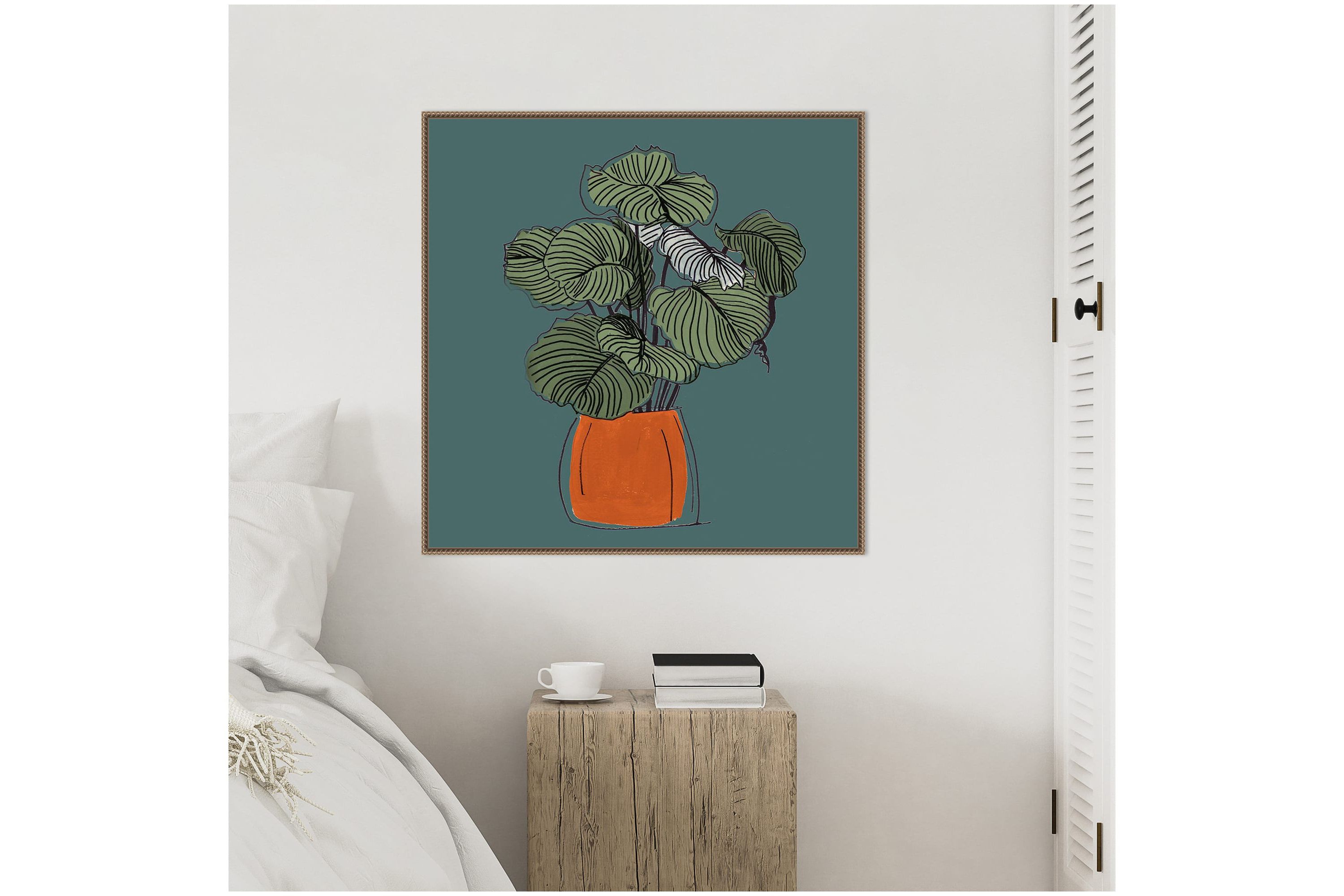 The Retro Potted Plant On Teal I Framed Canvas Wall Art Print