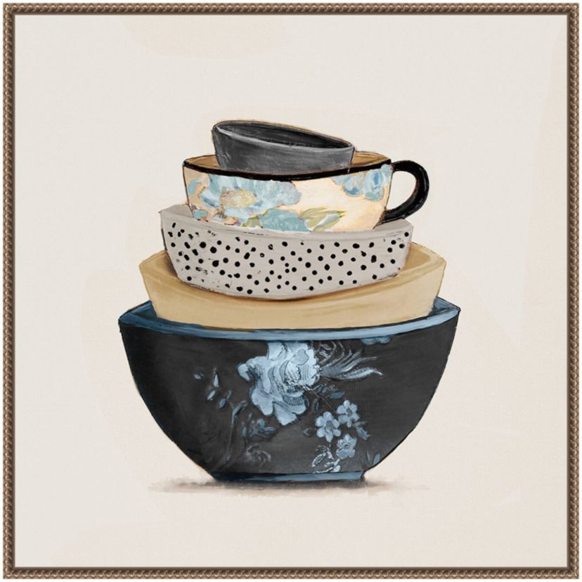A Stack Of Blue Bowls Framed Canvas Wall Art Print