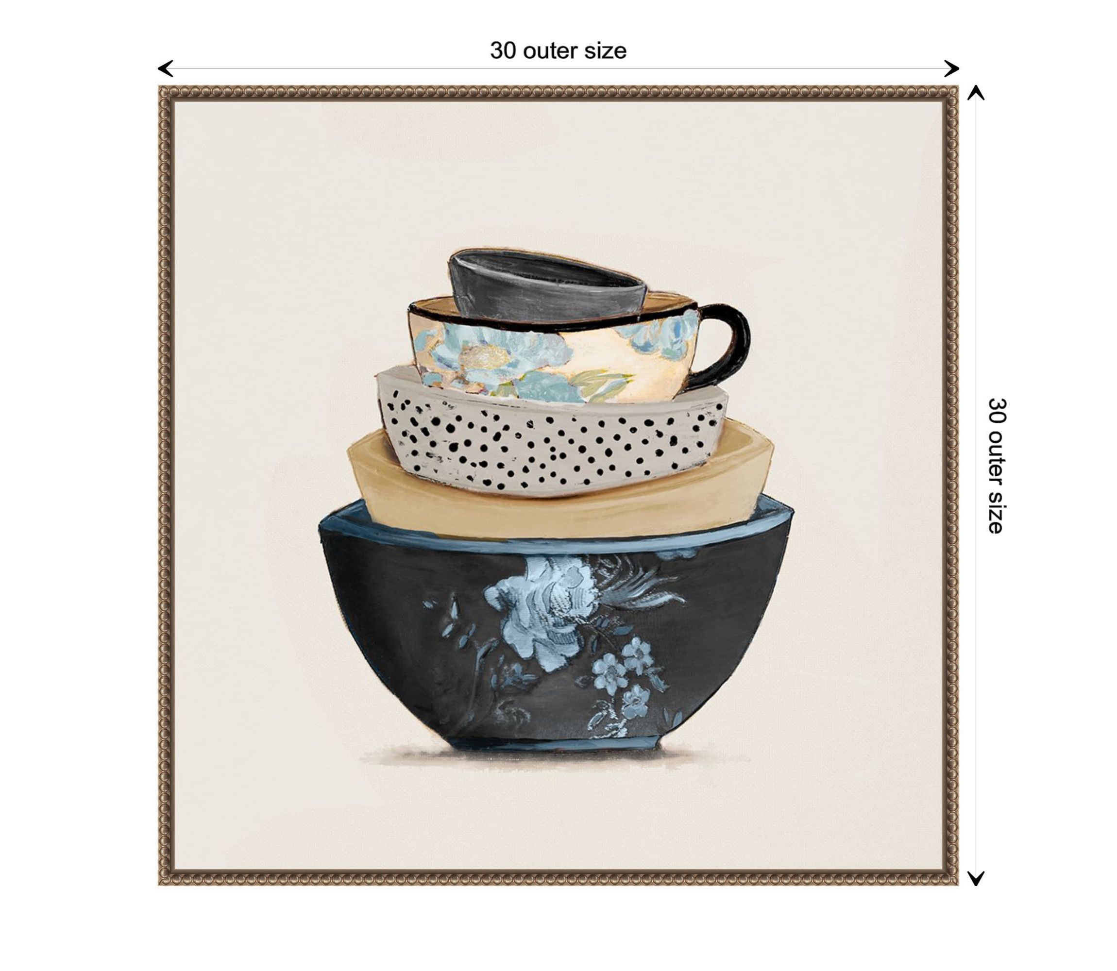 A Stack Of Blue Bowls Framed Canvas Wall Art Print