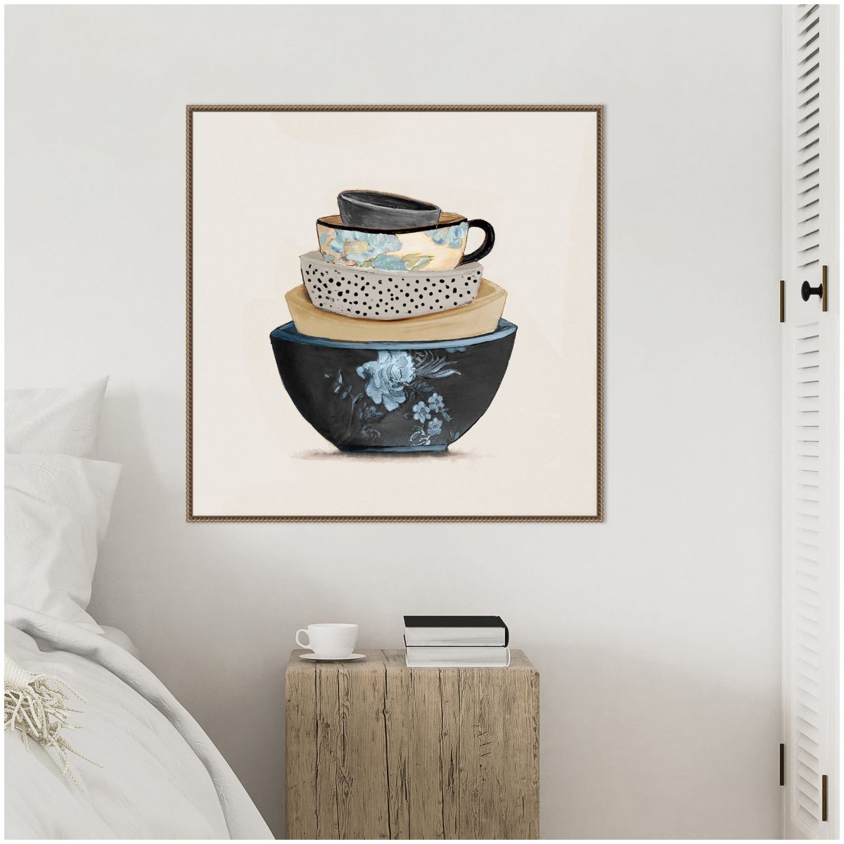 A Stack Of Blue Bowls Framed Canvas Wall Art Print