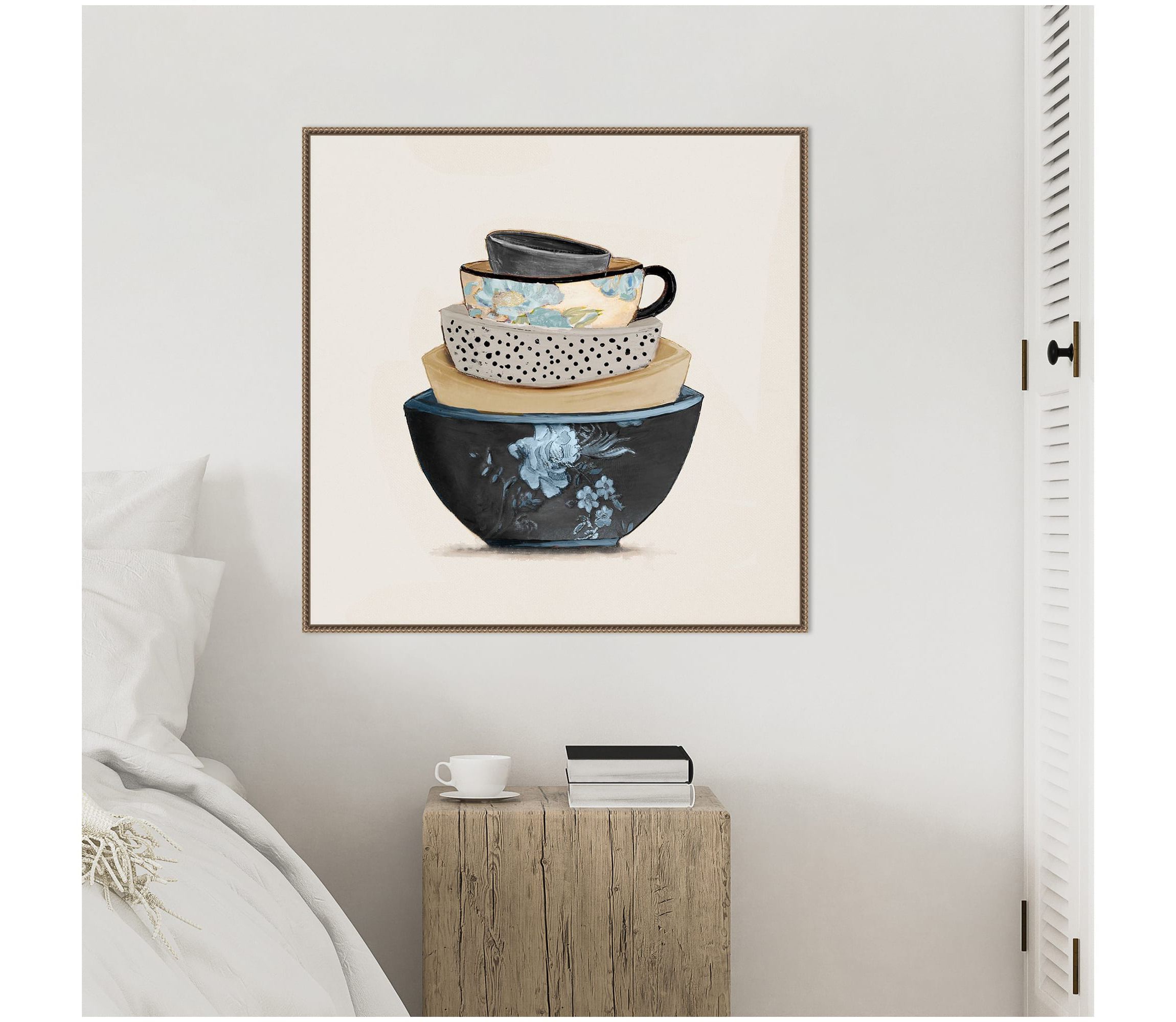 A Stack Of Blue Bowls Framed Canvas Wall Art Print