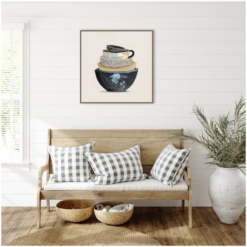 A Stack Of Blue Bowls Framed Canvas Wall Art Print