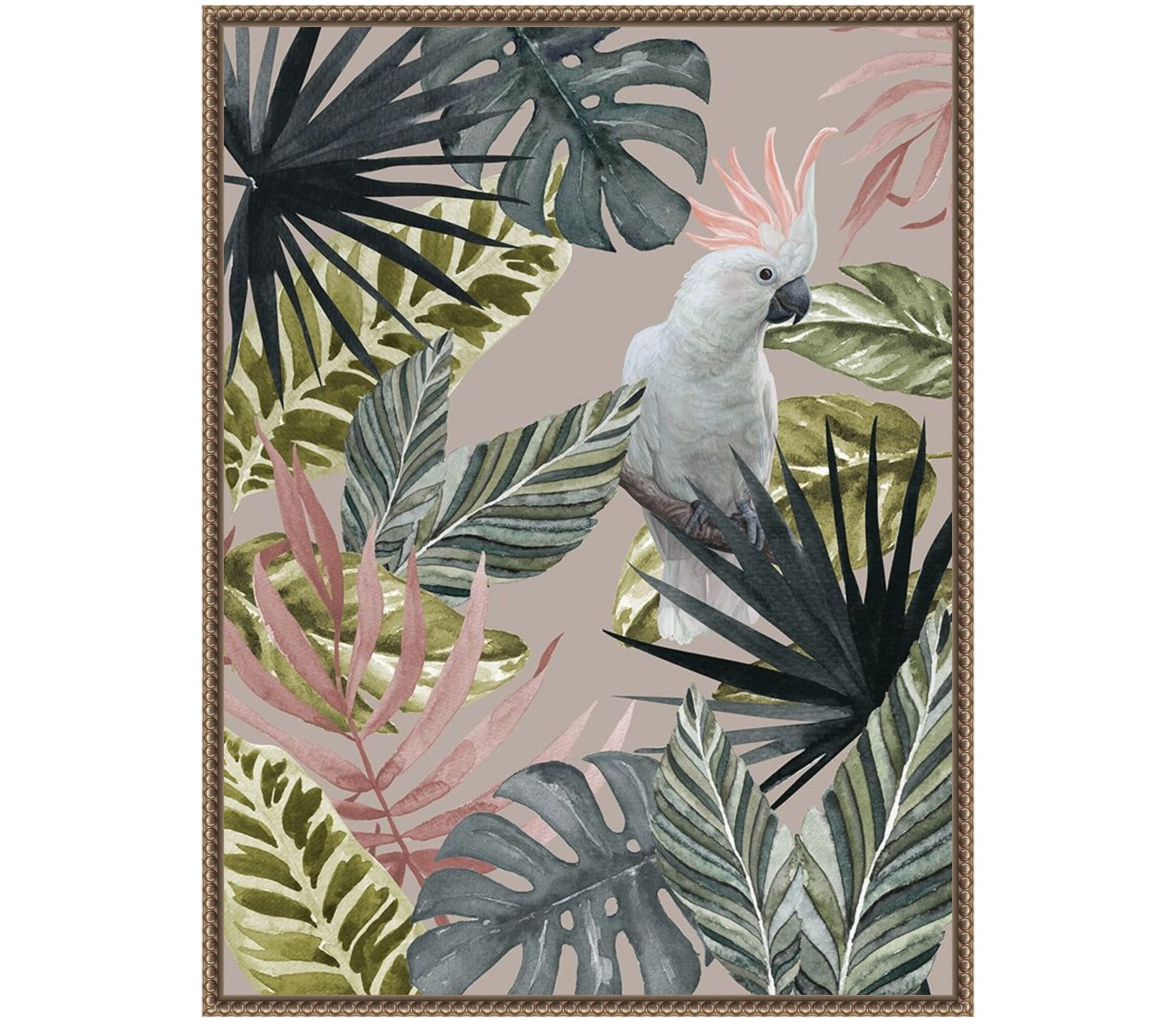 Tropical Cockatoo with Leaves Framed Canvas Wall Art Print