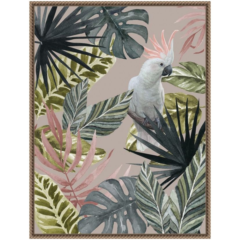 Tropical Cockatoo with Leaves Framed Canvas Wall Art Print