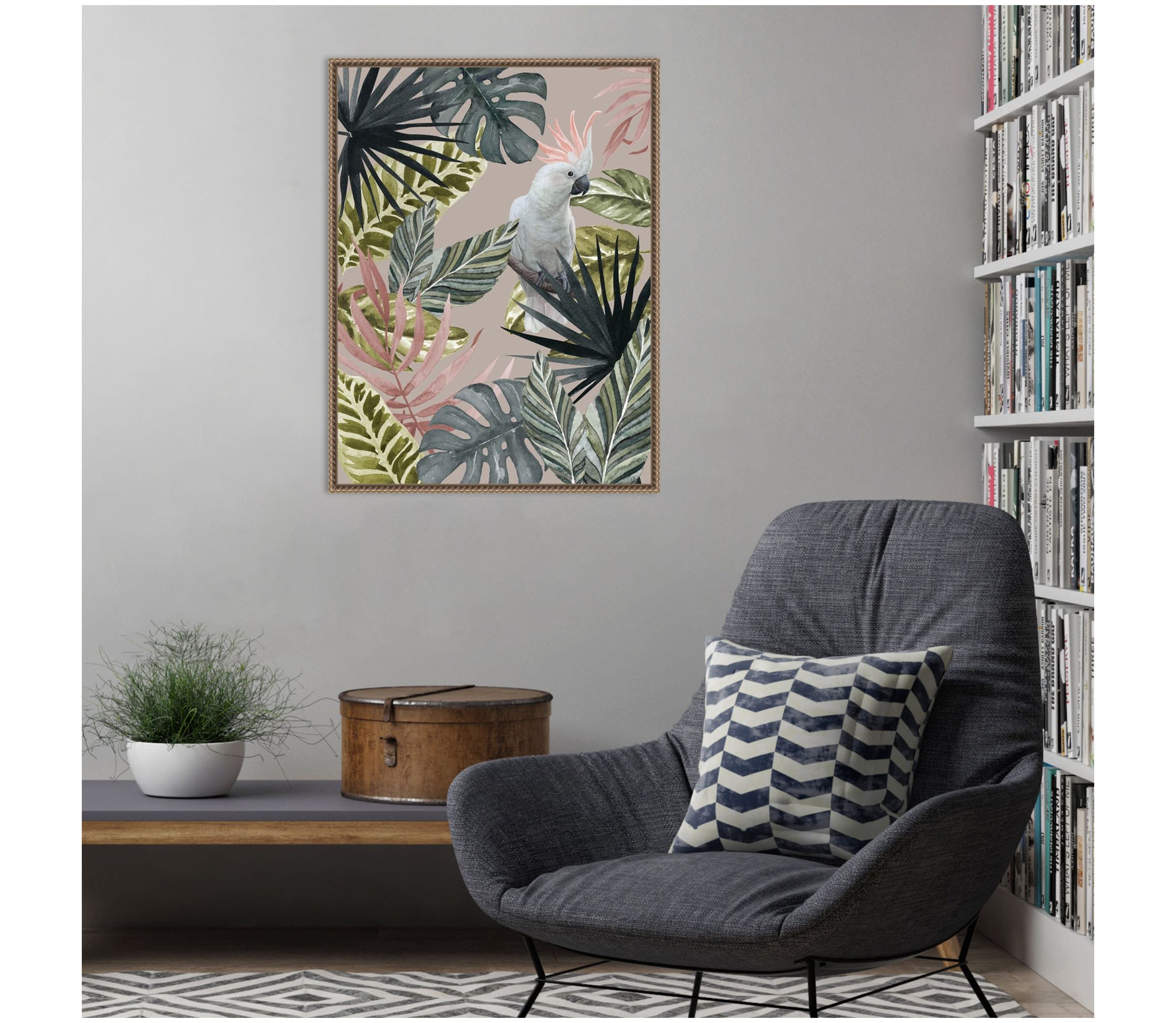 Tropical Cockatoo with Leaves Framed Canvas Wall Art Print