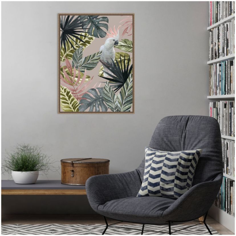 Tropical Cockatoo with Leaves Framed Canvas Wall Art Print