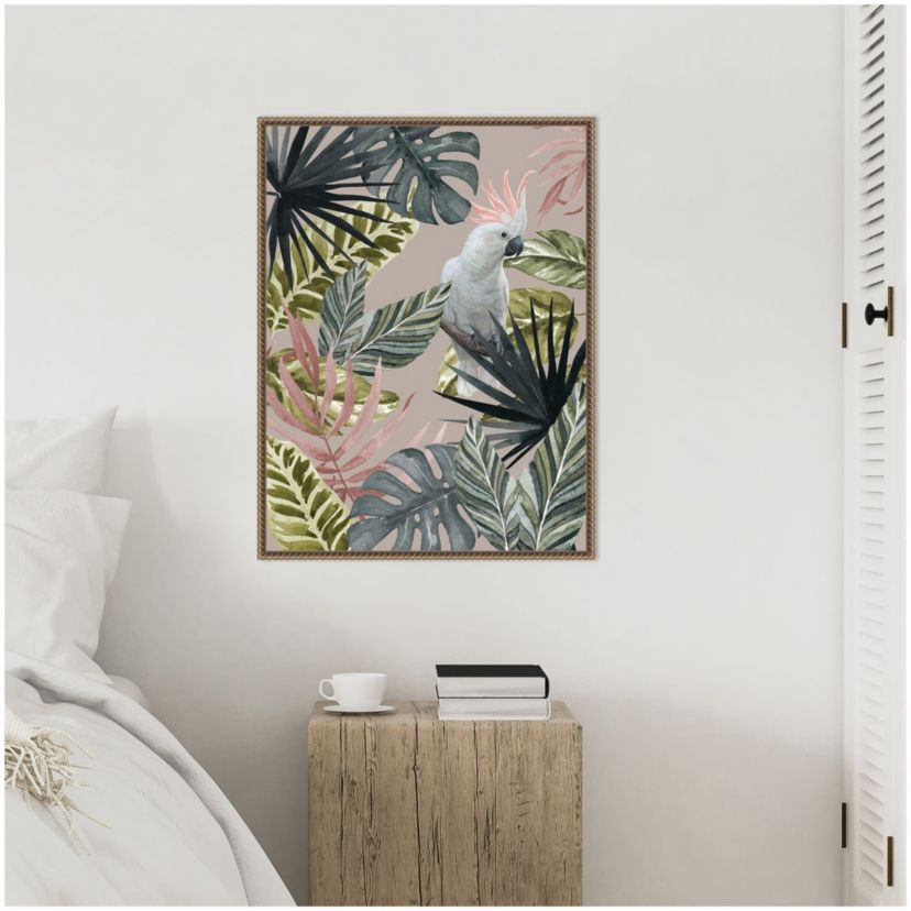 Tropical Cockatoo with Leaves Framed Canvas Wall Art Print