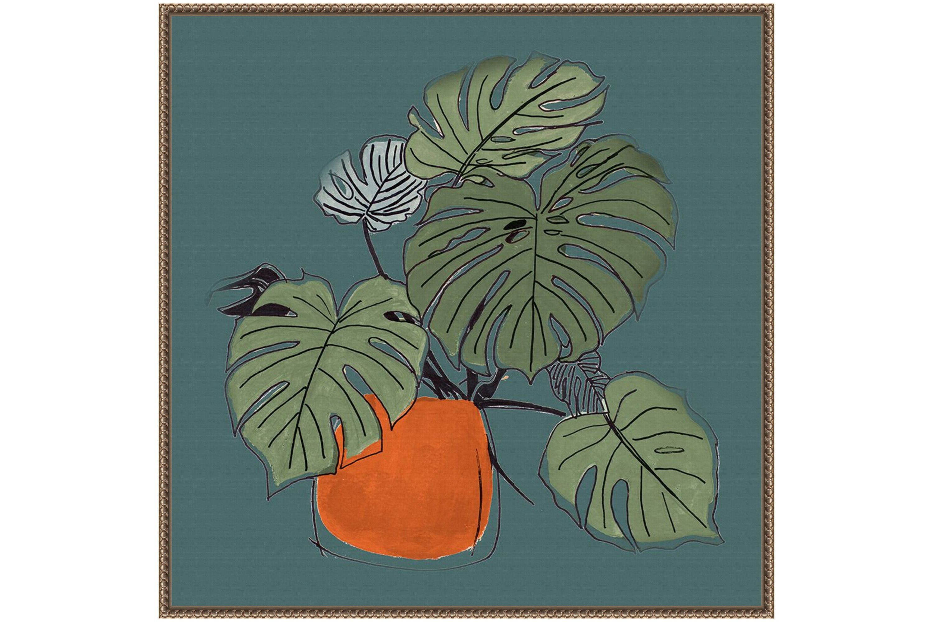 The Retro Potted Plant On Teal II Framed Canvas Wall Art Print
