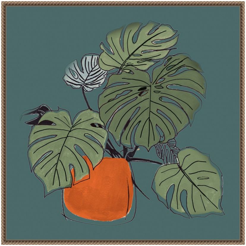 The Retro Potted Plant On Teal II Framed Canvas Wall Art Print