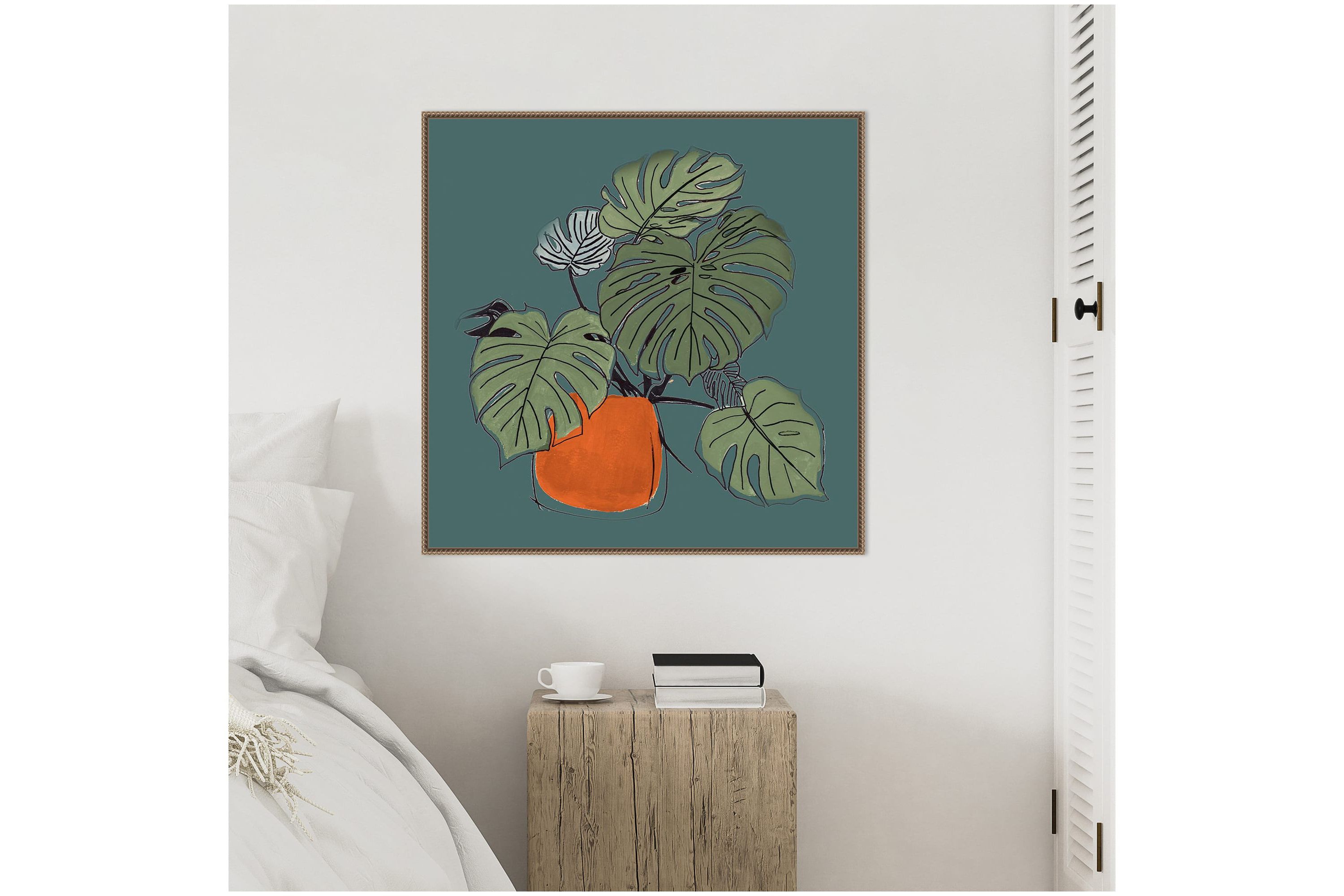 The Retro Potted Plant On Teal II Framed Canvas Wall Art Print