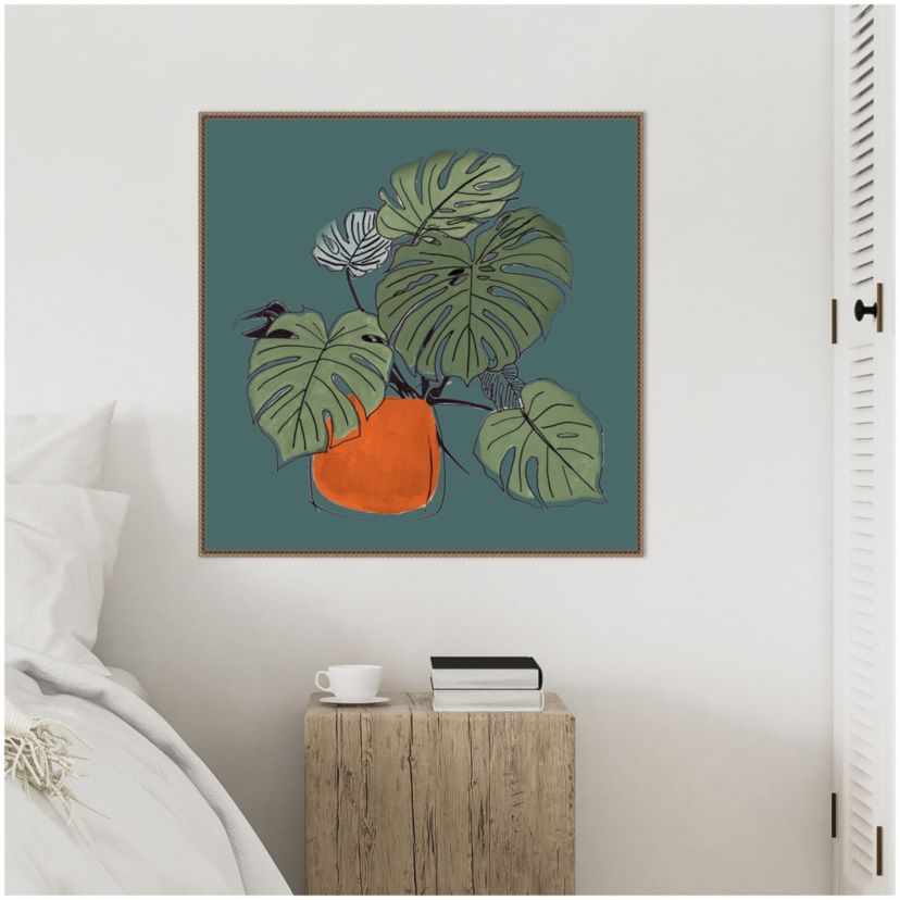 The Retro Potted Plant On Teal II Framed Canvas Wall Art Print