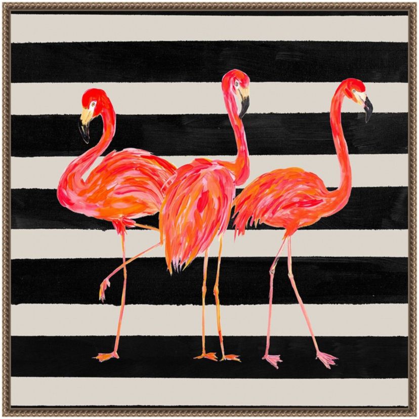 Flamingo Trio on Stripes Framed Canvas Wall Art Print