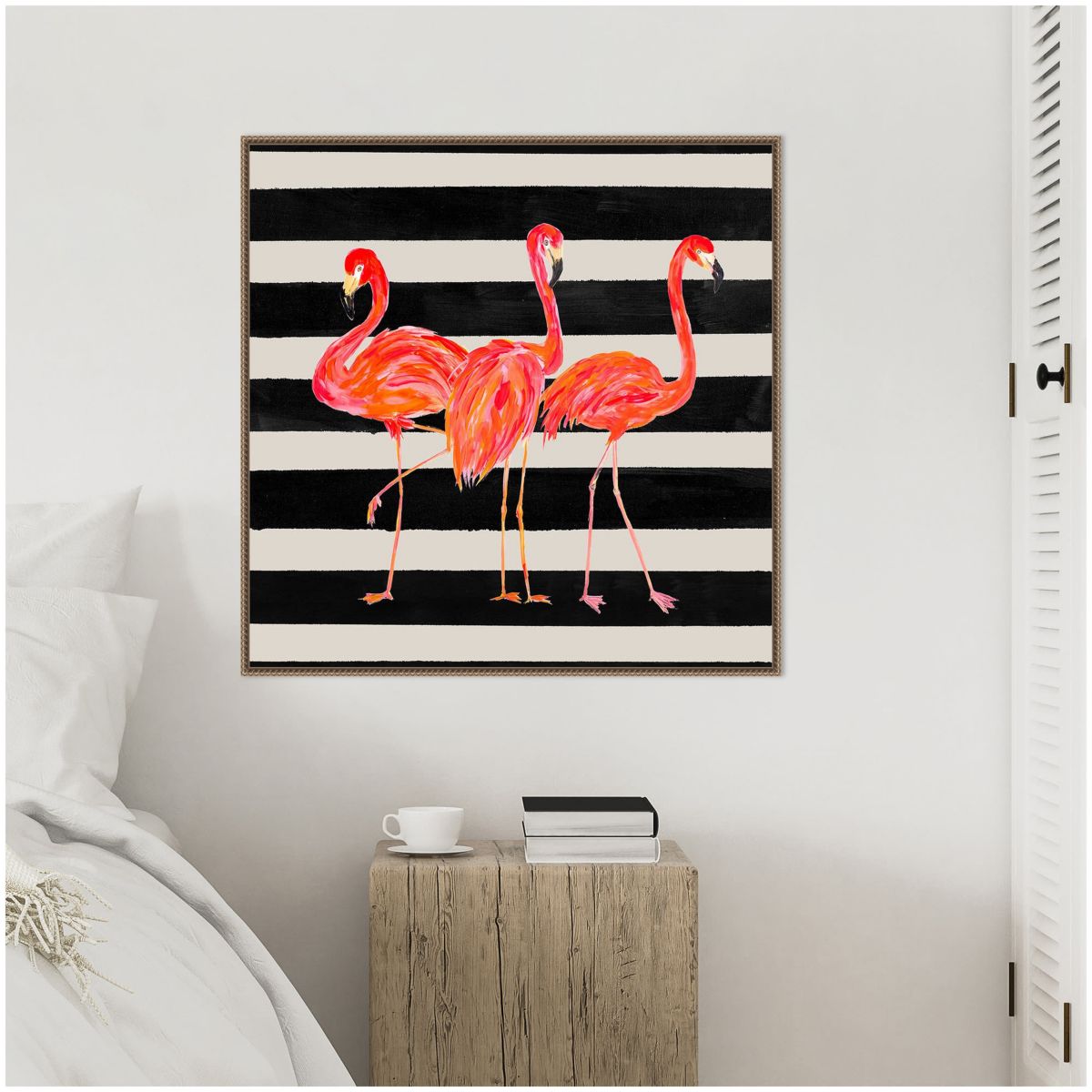 Flamingo Trio on Stripes Framed Canvas Wall Art Print