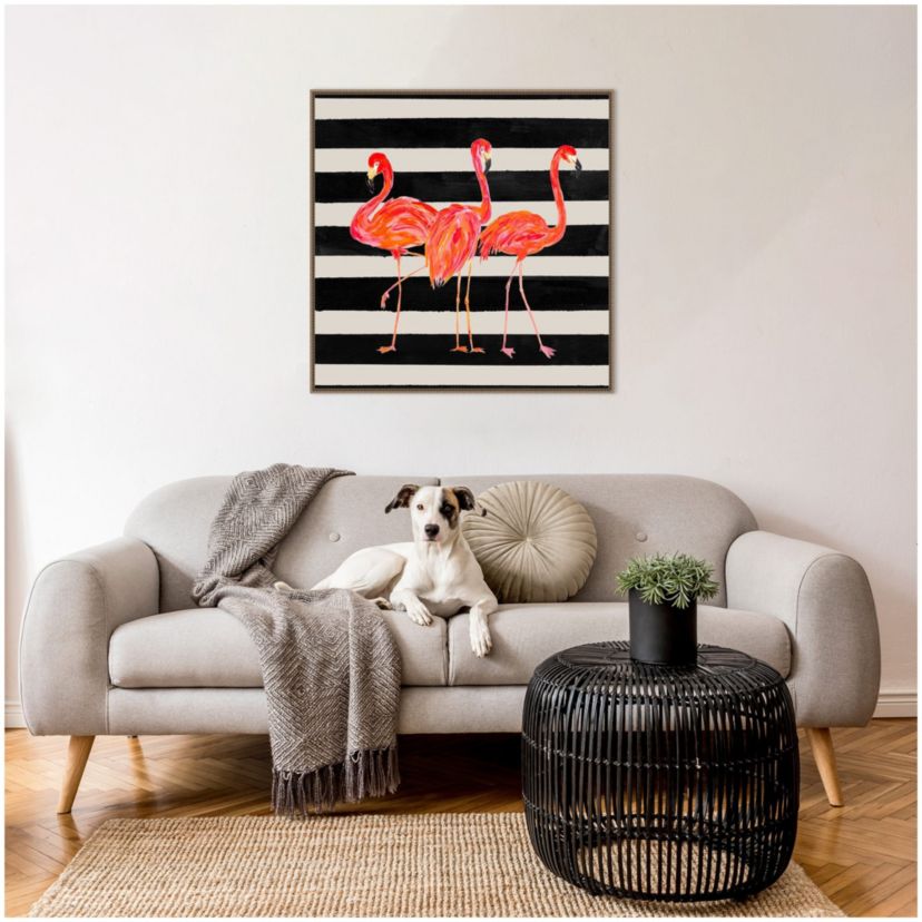 Flamingo Trio on Stripes Framed Canvas Wall Art Print