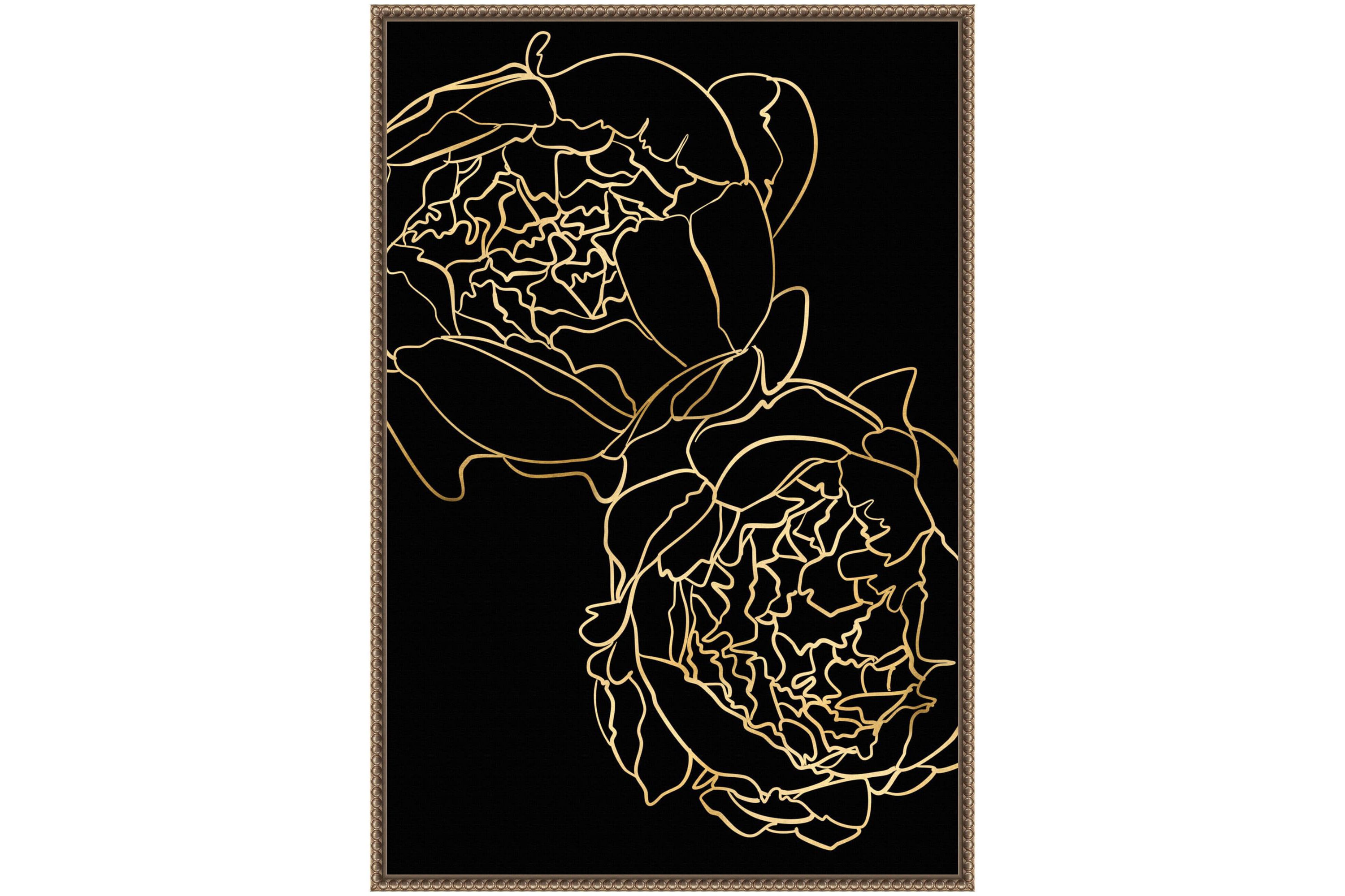 Peonies in gold and black Framed Canvas Wall Art Print