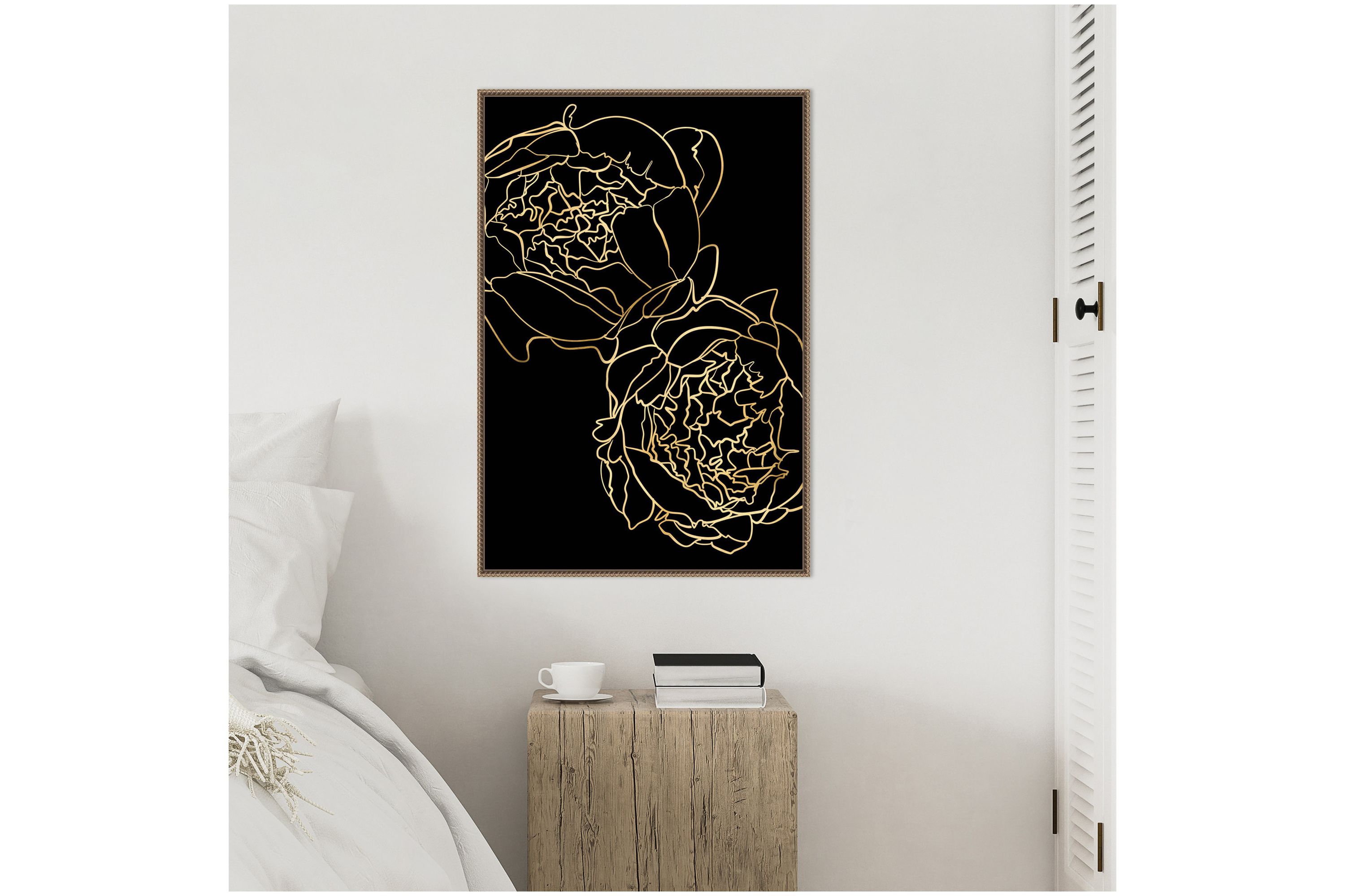 Peonies in gold and black Framed Canvas Wall Art Print