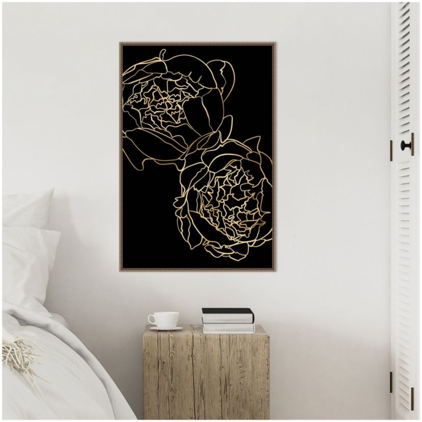 Peonies in gold and black Framed Canvas Wall Art Print