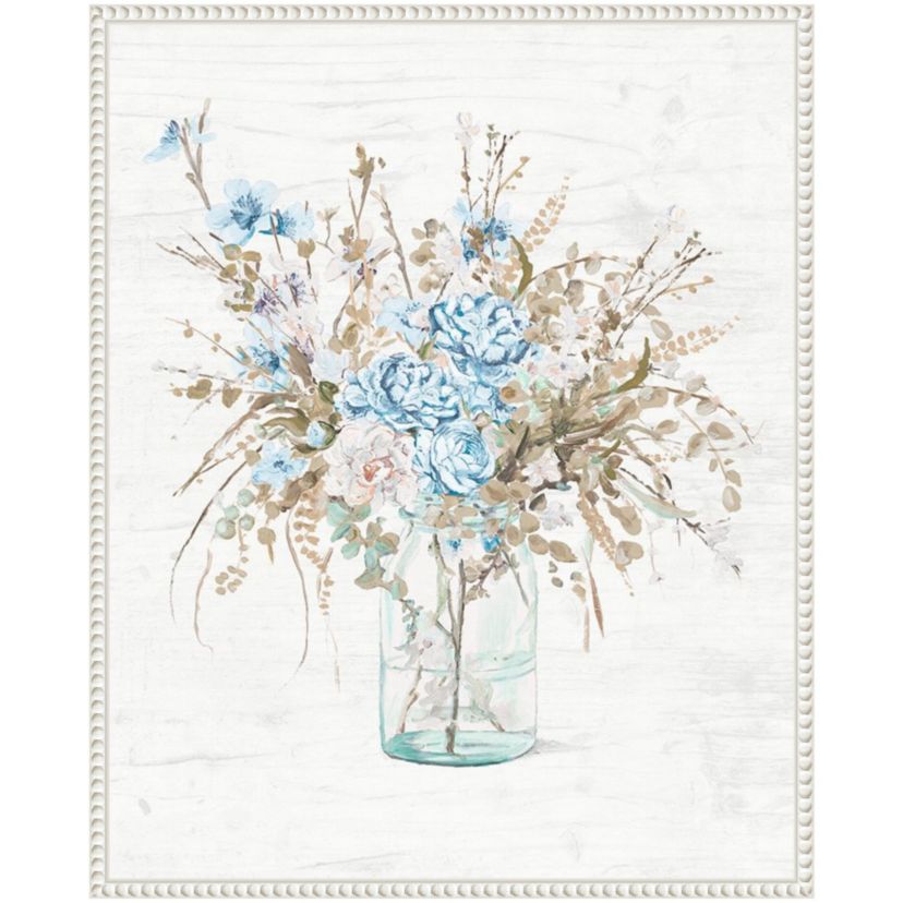Blue Flowers In Glass Vase Framed Canvas Wall Art Print