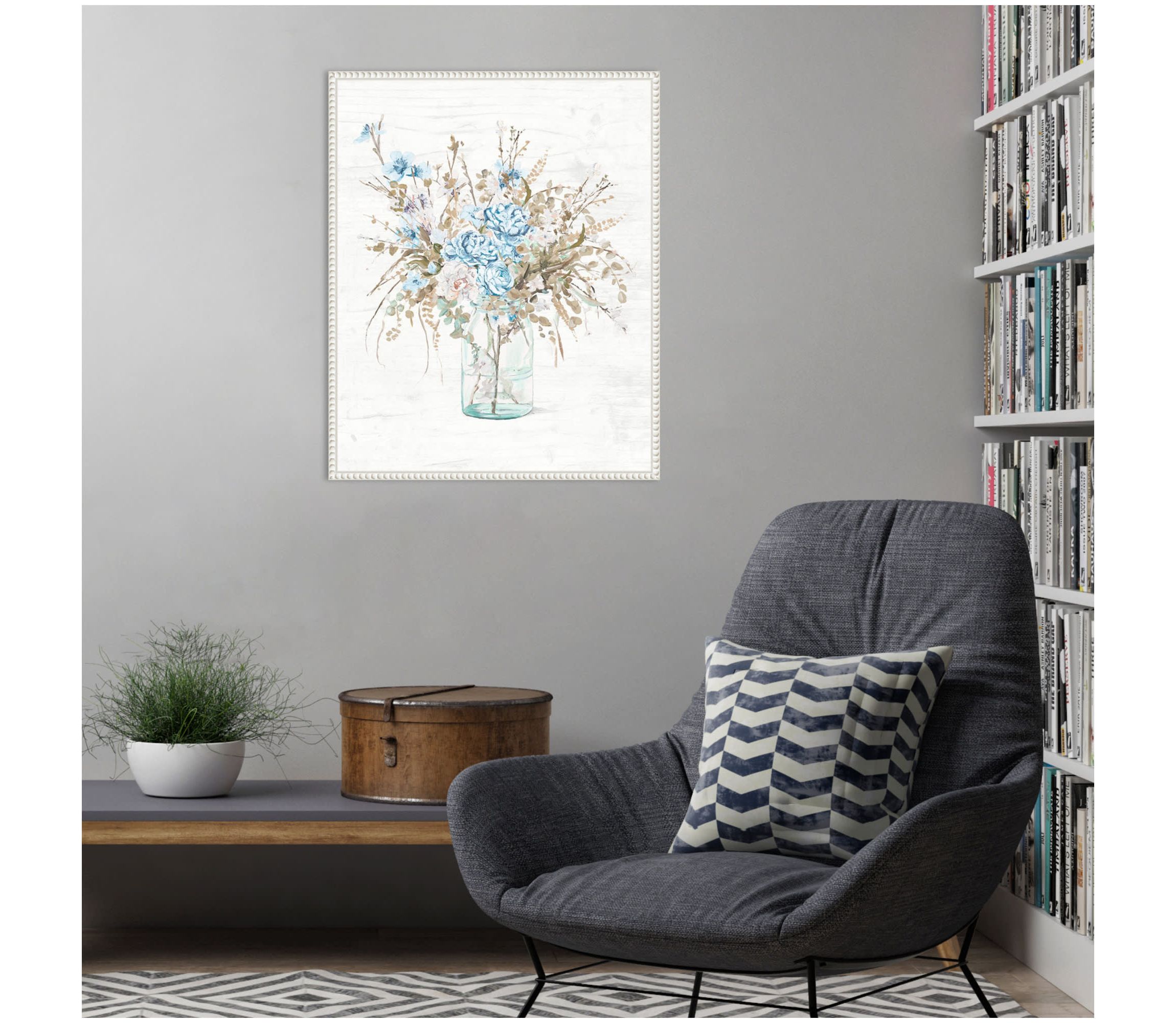 Blue Flowers In Glass Vase Framed Canvas Wall Art Print