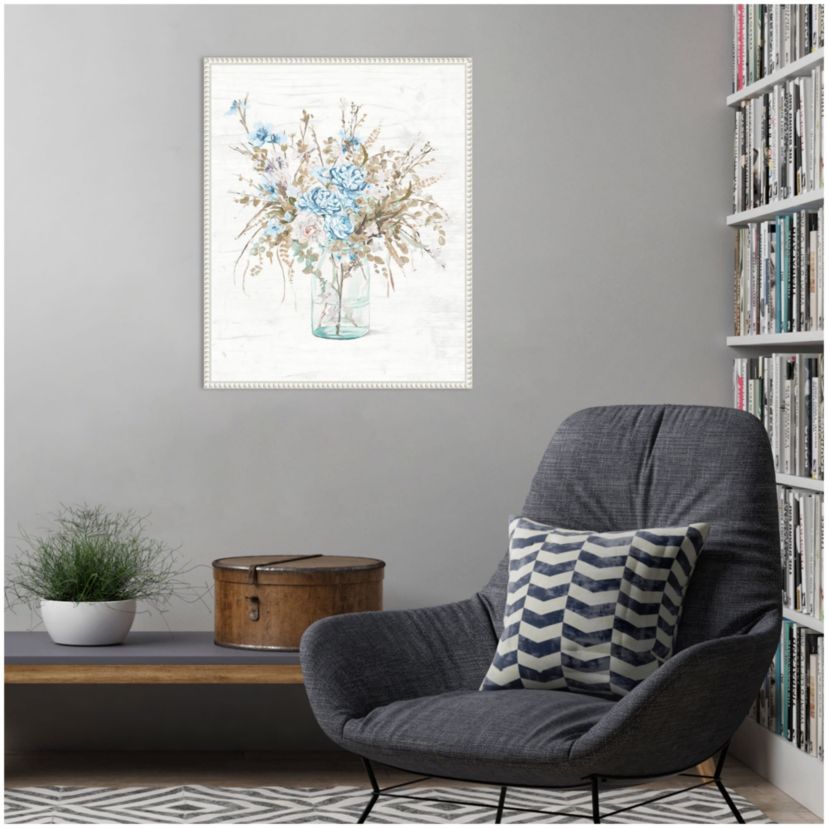 Blue Flowers In Glass Vase Framed Canvas Wall Art Print