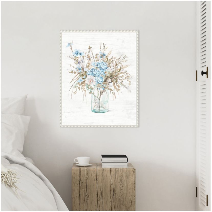 Blue Flowers In Glass Vase Framed Canvas Wall Art Print