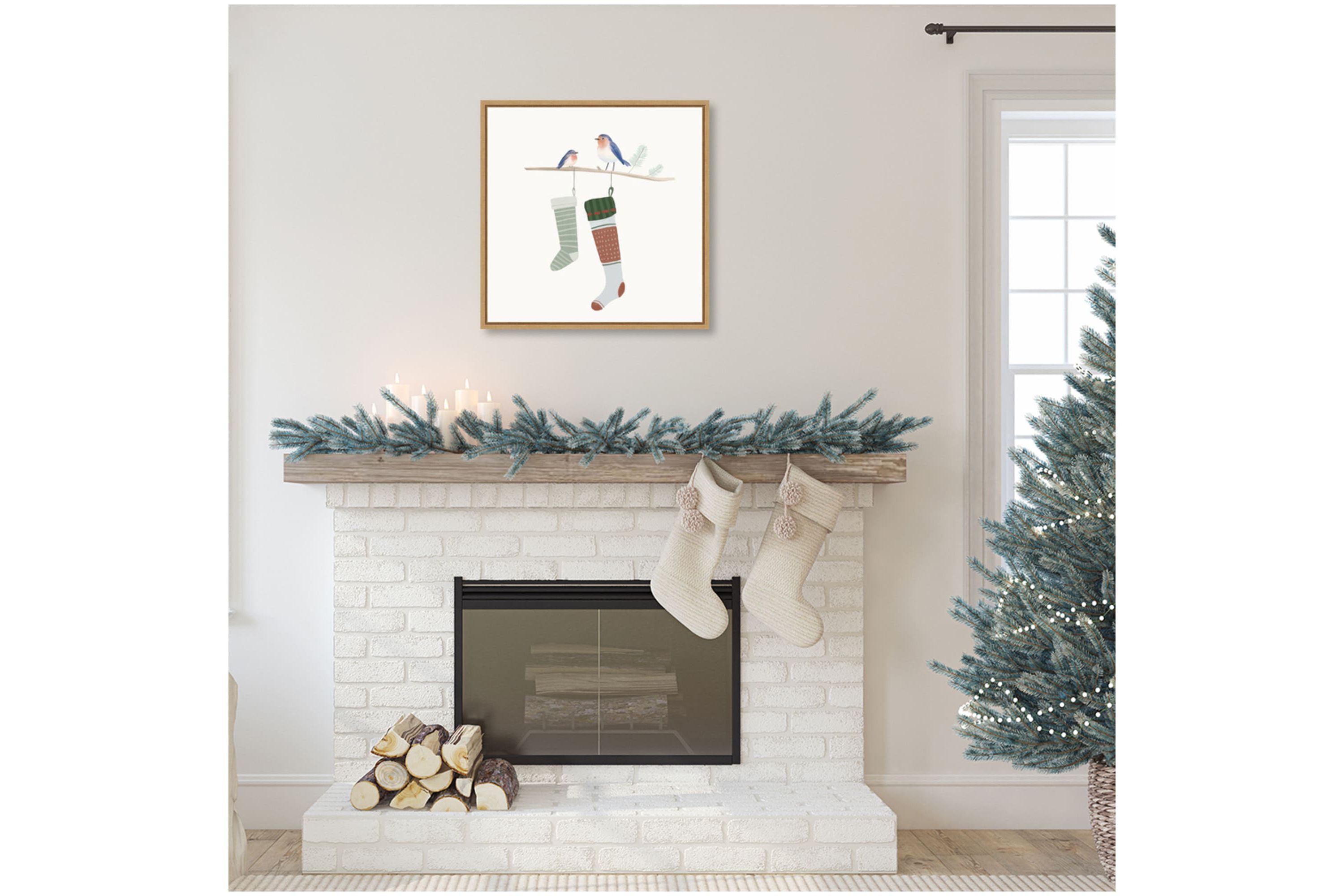 Blue Birds of Christmas Happiness I Framed Canvas Wall Art Print