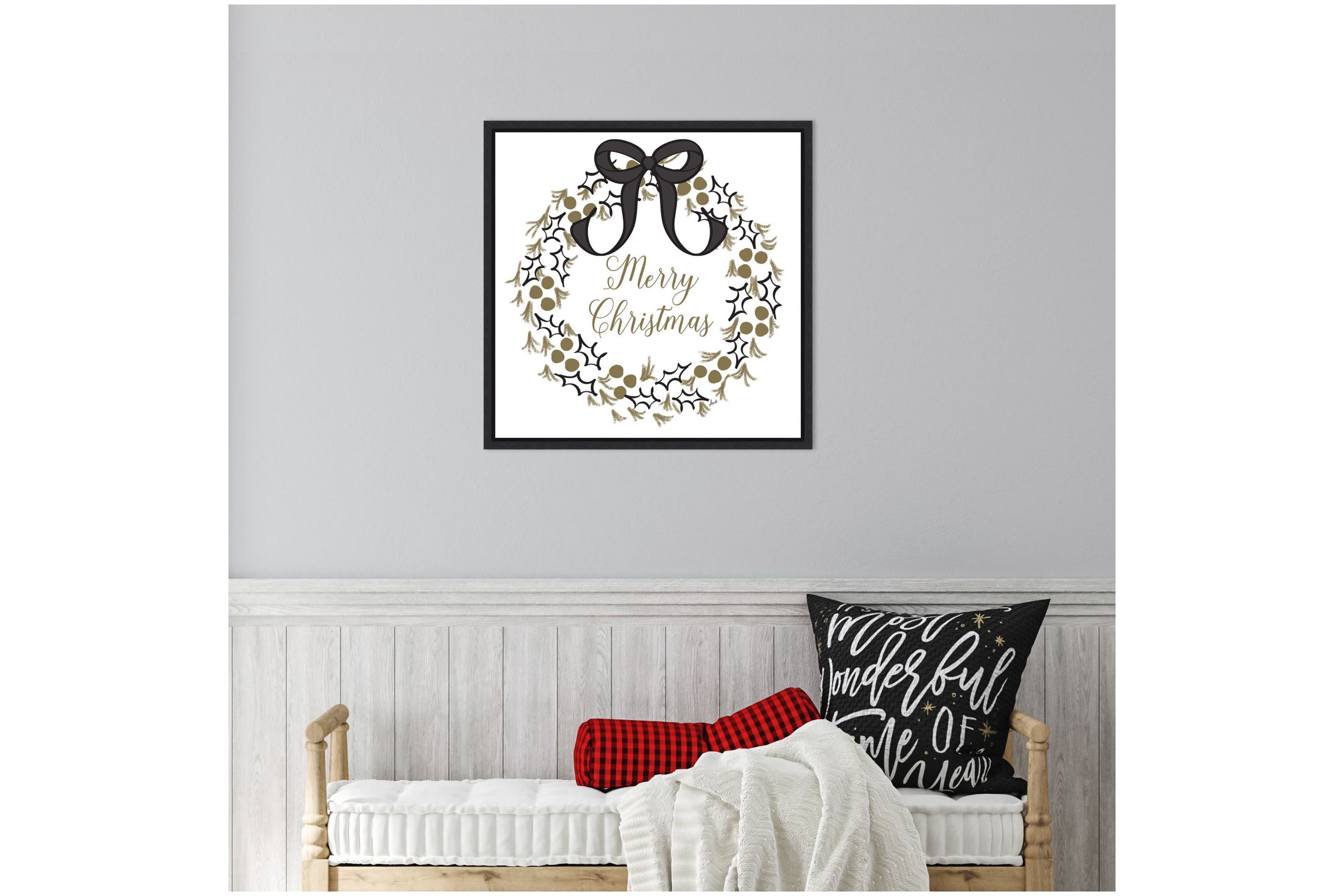 Merry Christmas Wreath Framed Canvas Wall Art Print