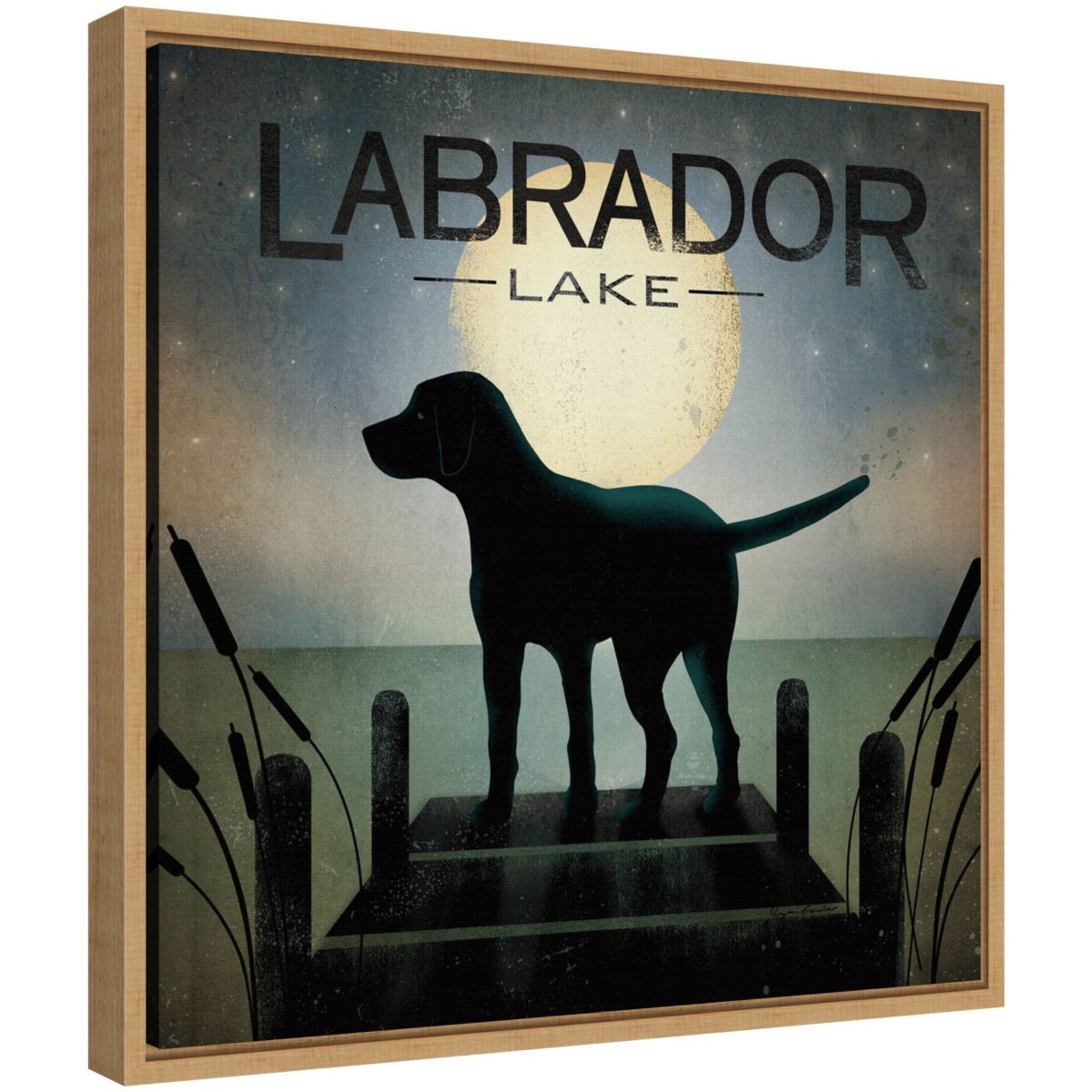 Moonrise Black Dog Labrador Lake Framed Canvas Wall Art Print