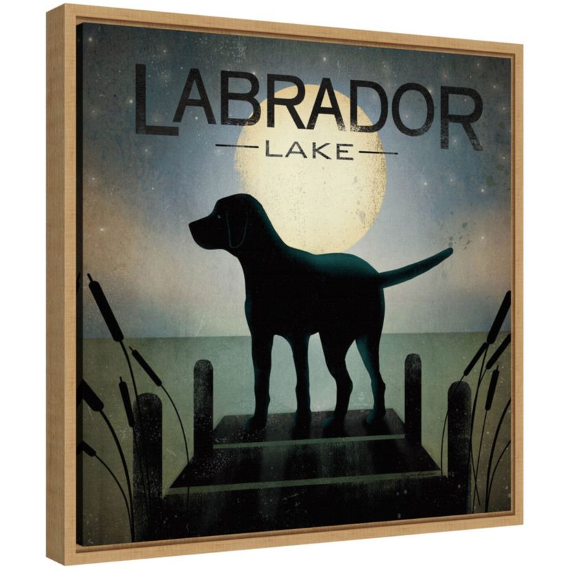 Moonrise Black Dog Labrador Lake Framed Canvas Wall Art Print
