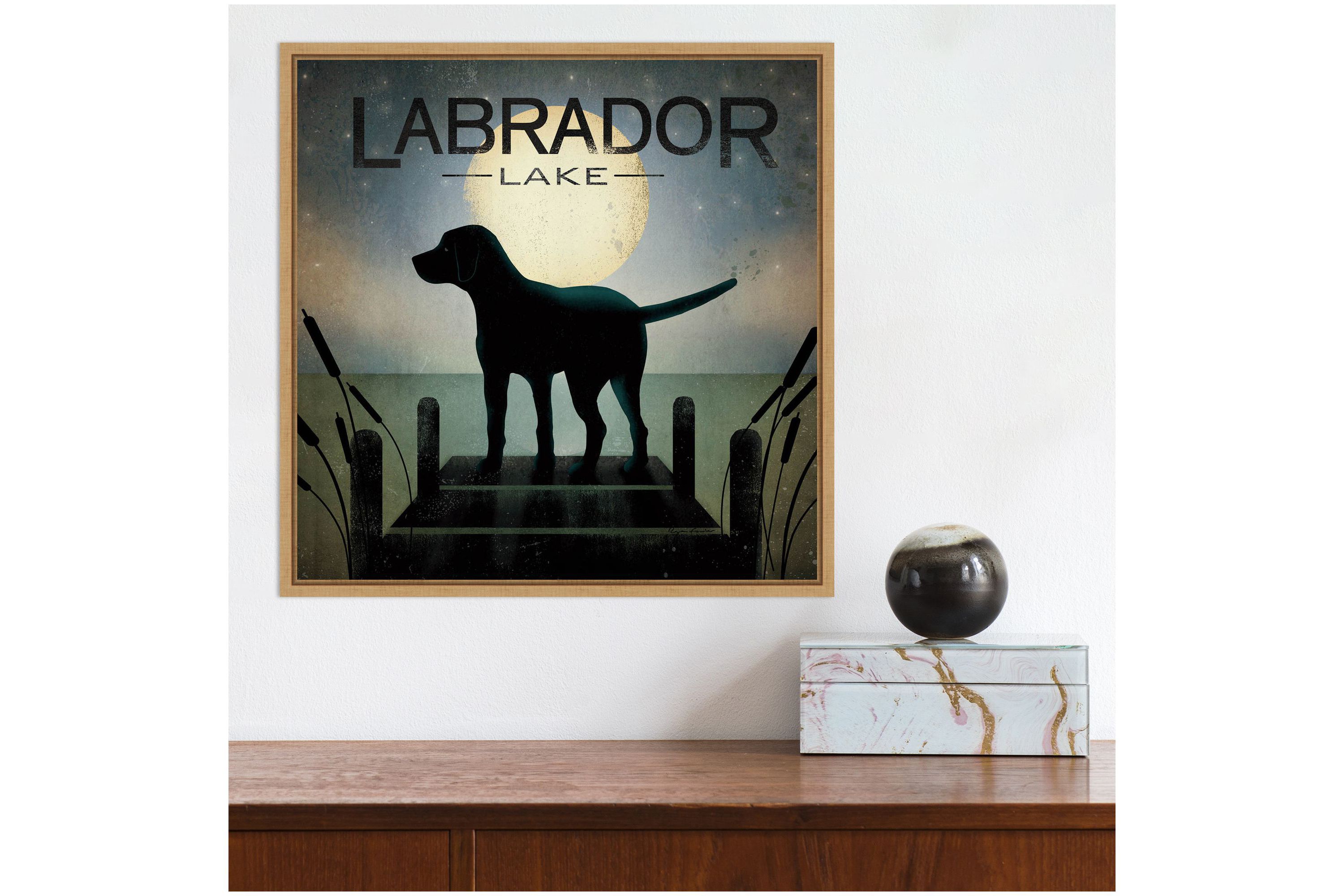 Moonrise Black Dog Labrador Lake Framed Canvas Wall Art Print