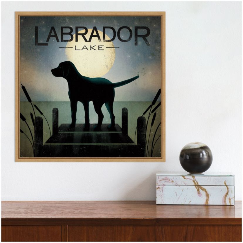 Moonrise Black Dog Labrador Lake Framed Canvas Wall Art Print