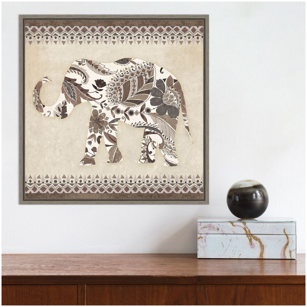 Boho Elephant II Neutral Framed Canvas Wall Art Print