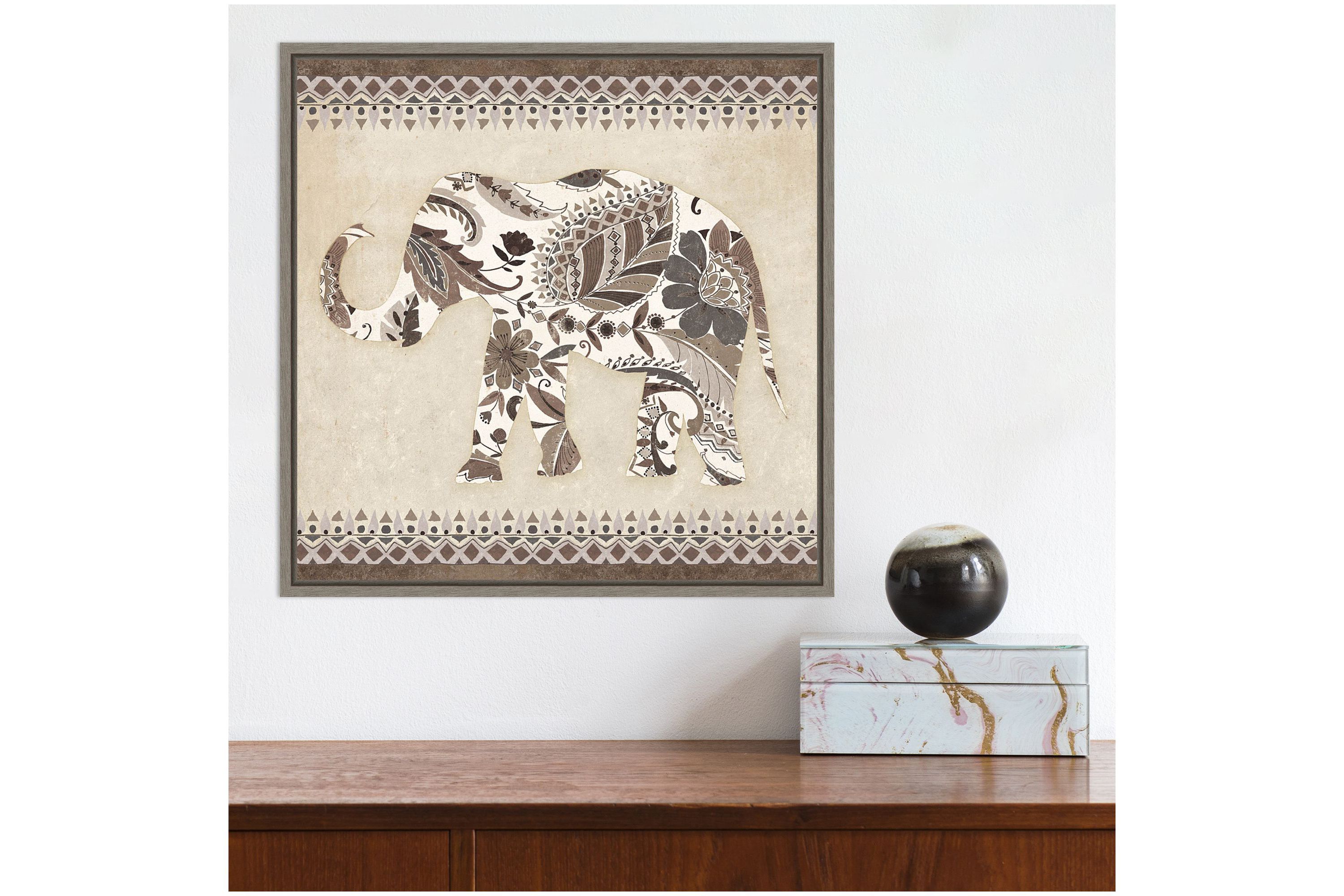 Boho Elephant II Neutral Framed Canvas Wall Art Print