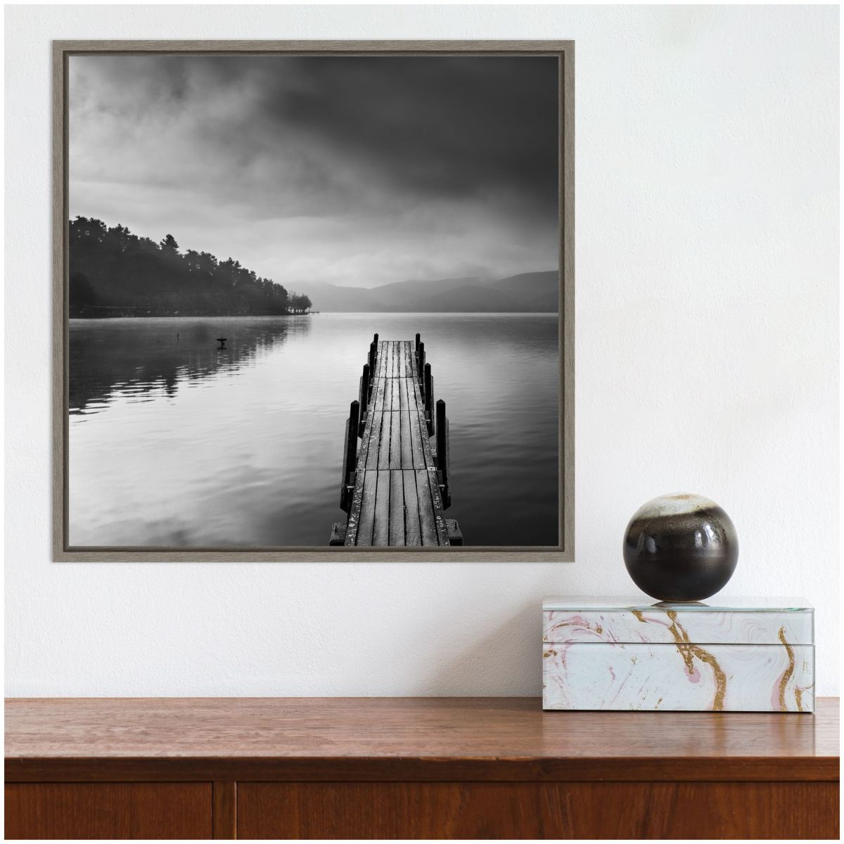 Lake view with Pier II Framed Canvas Wall Art Print