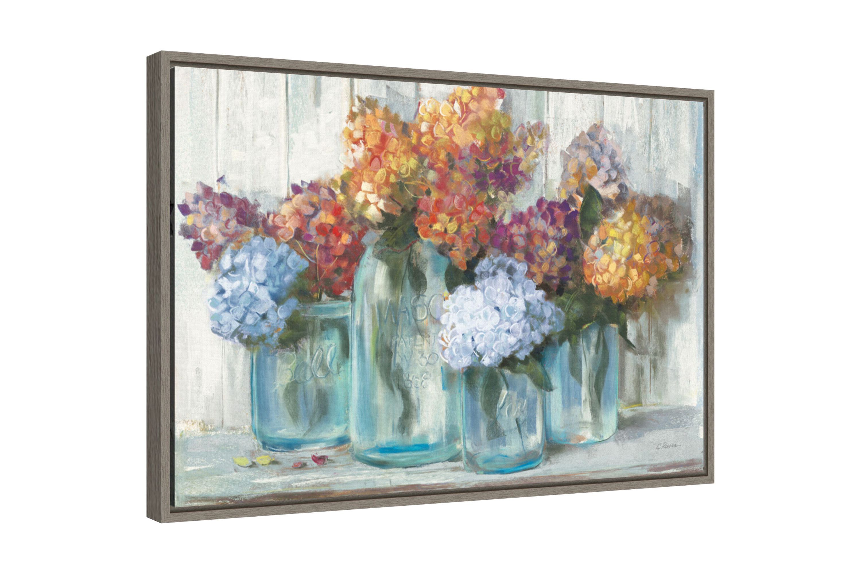 Fall Hydrangeas in Glass Jar Crop Framed Canvas Wall Art Print
