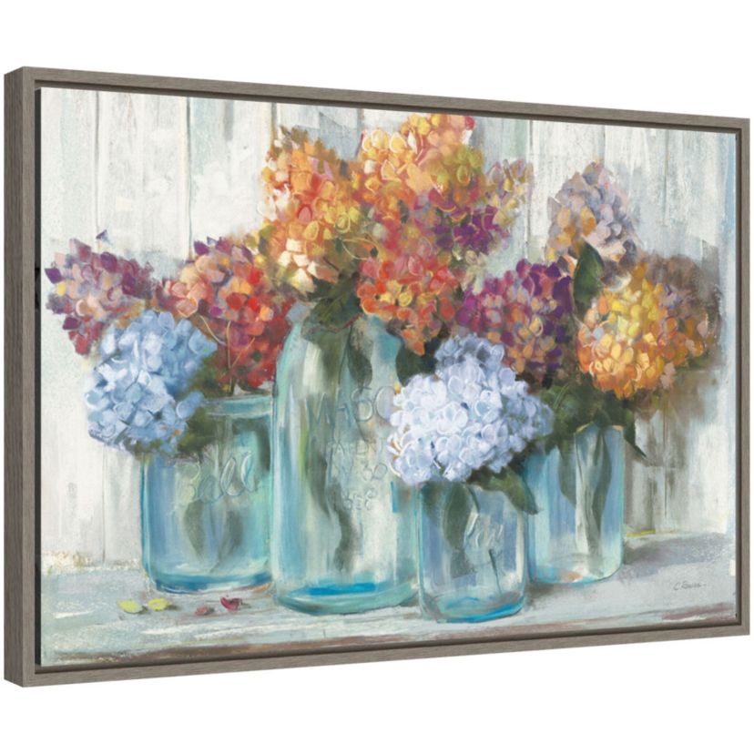 Fall Hydrangeas in Glass Jar Crop Framed Canvas Wall Art Print