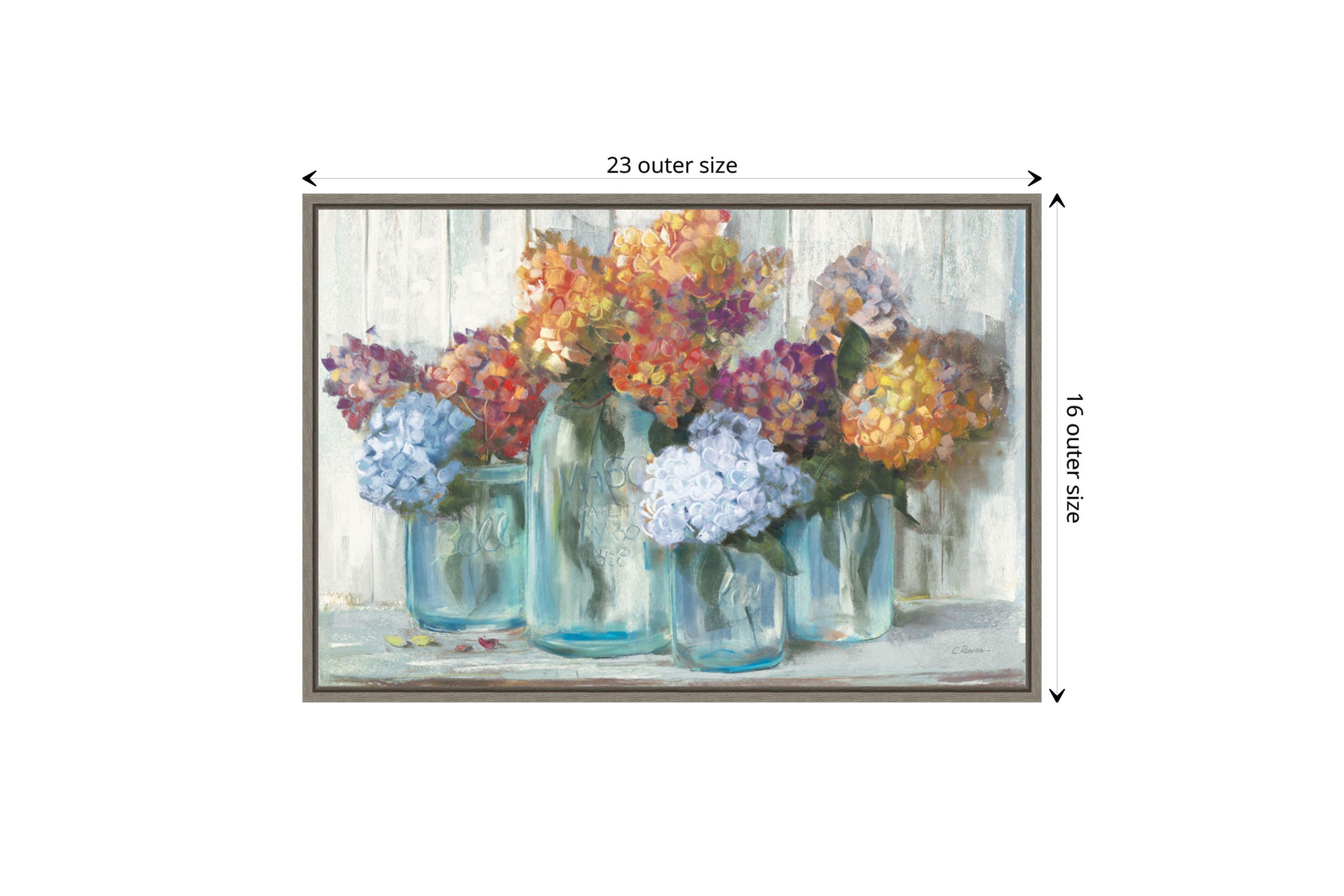 Fall Hydrangeas in Glass Jar Crop Framed Canvas Wall Art Print