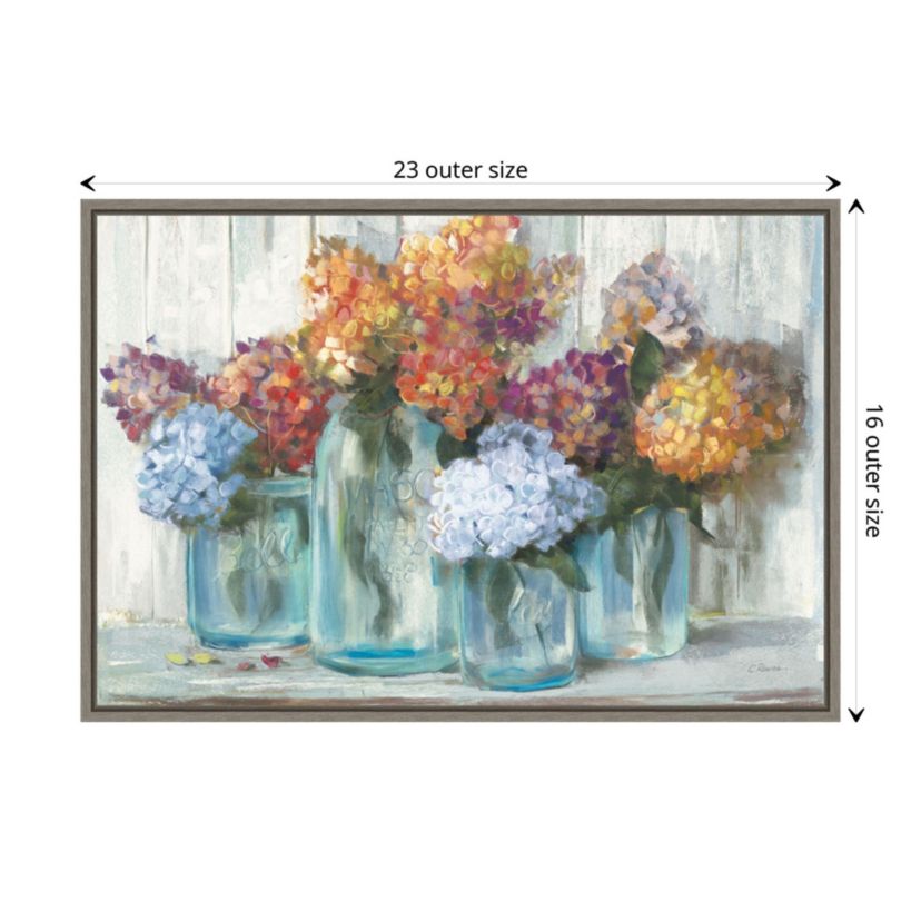 Fall Hydrangeas in Glass Jar Crop Framed Canvas Wall Art Print