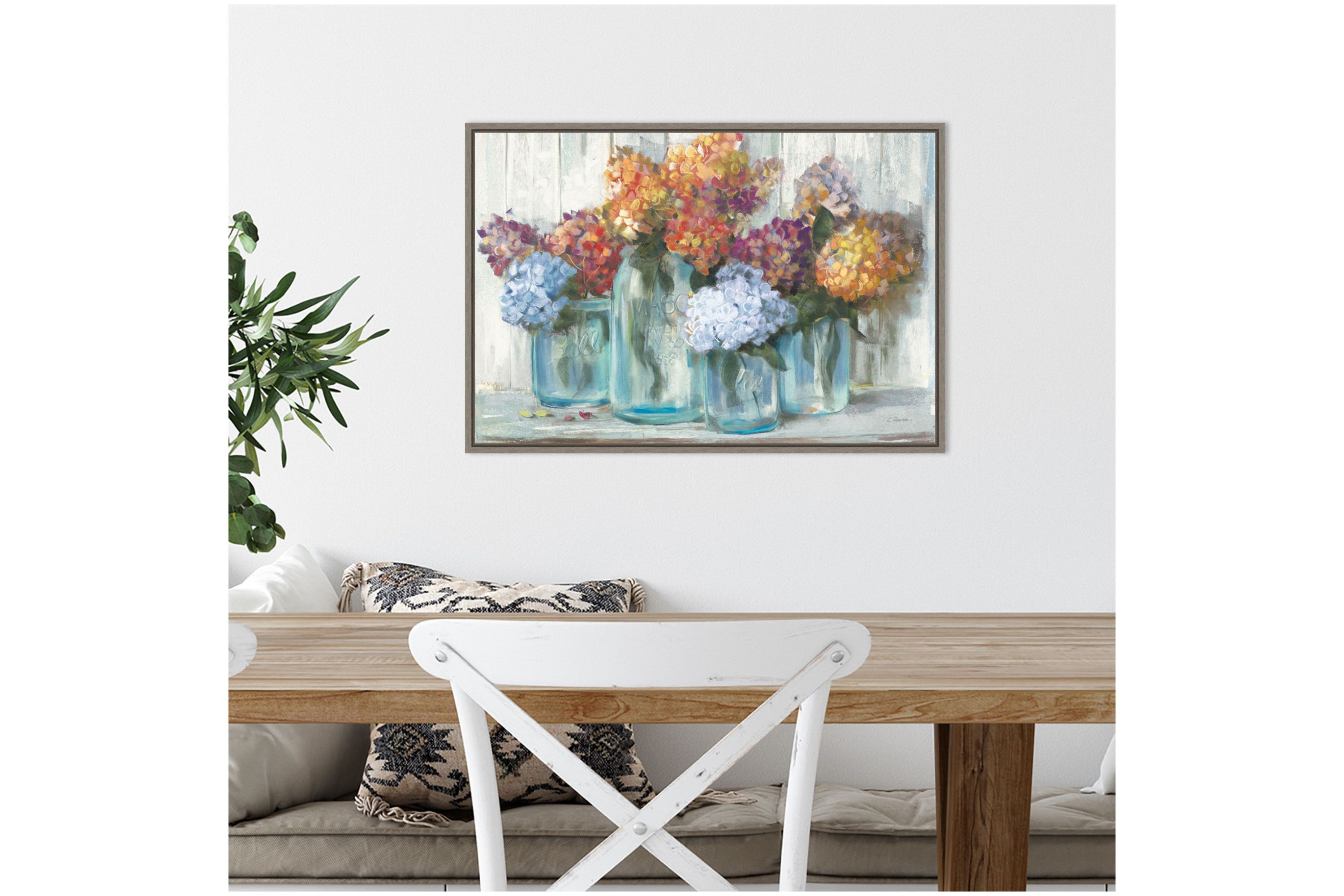Fall Hydrangeas in Glass Jar Crop Framed Canvas Wall Art Print