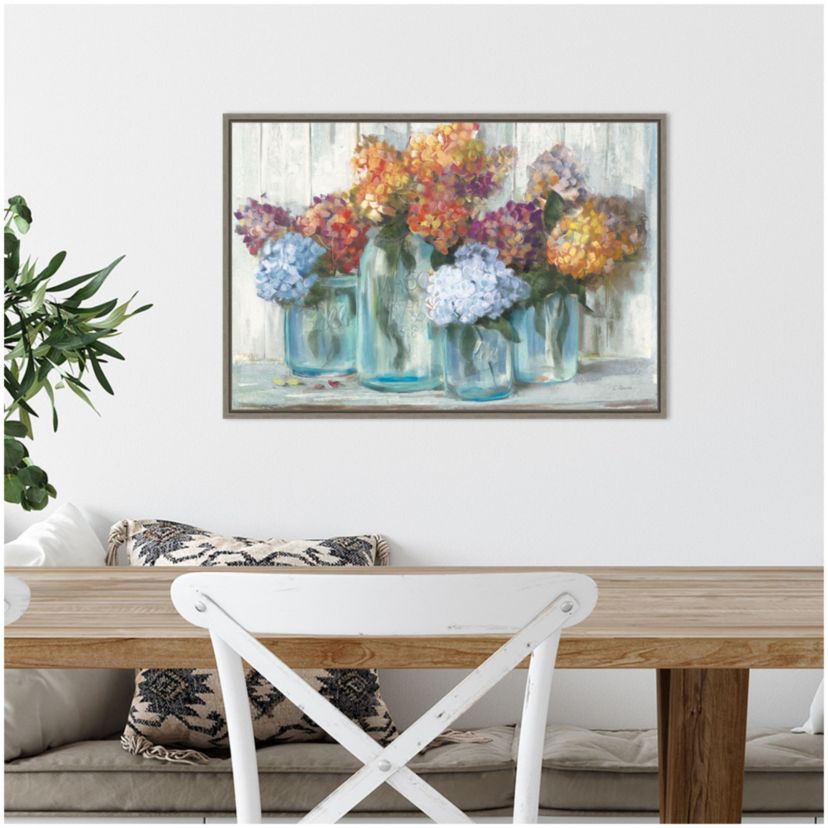 Fall Hydrangeas in Glass Jar Crop Framed Canvas Wall Art Print