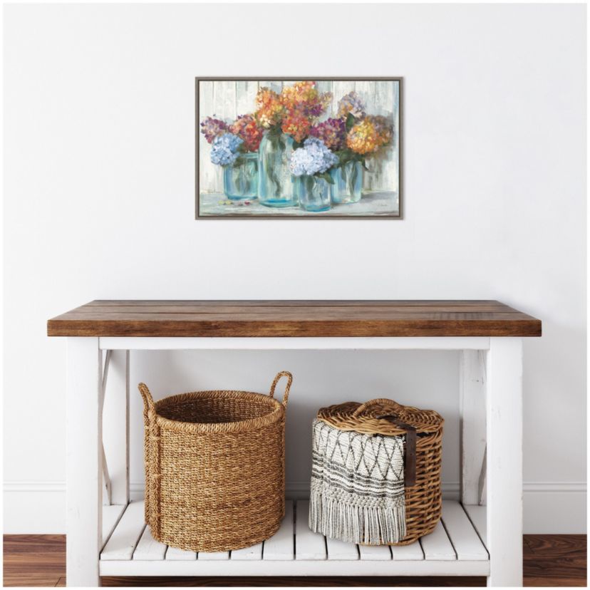 Fall Hydrangeas in Glass Jar Crop Framed Canvas Wall Art Print