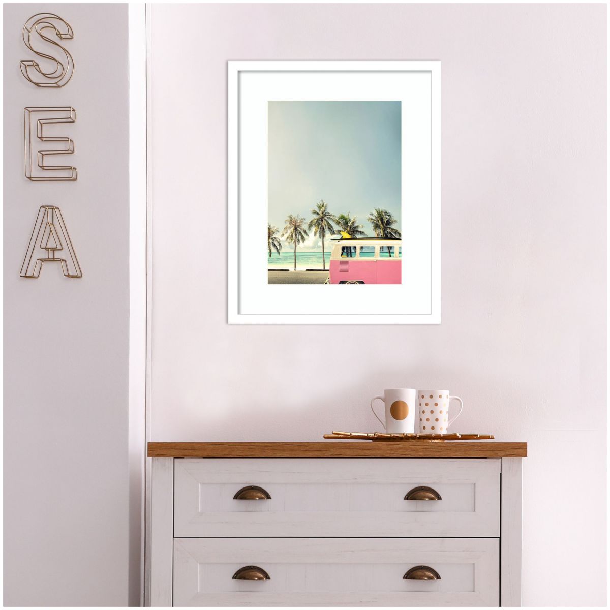 Surf Bus Pink (Beach) by Design Fabrikken Wood Framed Wall Art Print