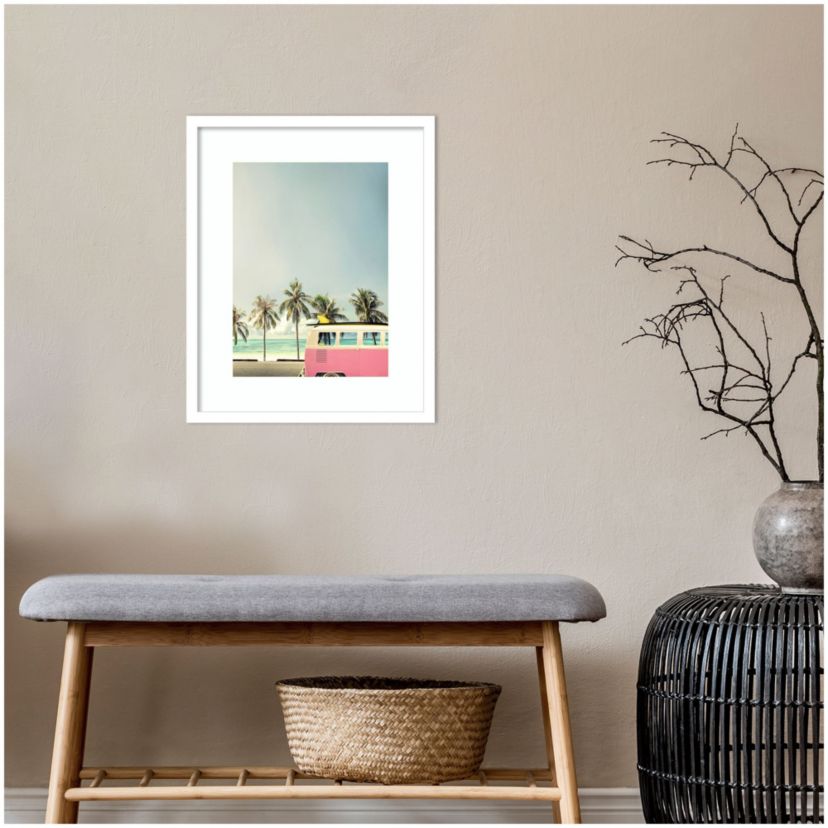 Surf Bus Pink (Beach) by Design Fabrikken Wood Framed Wall Art Print